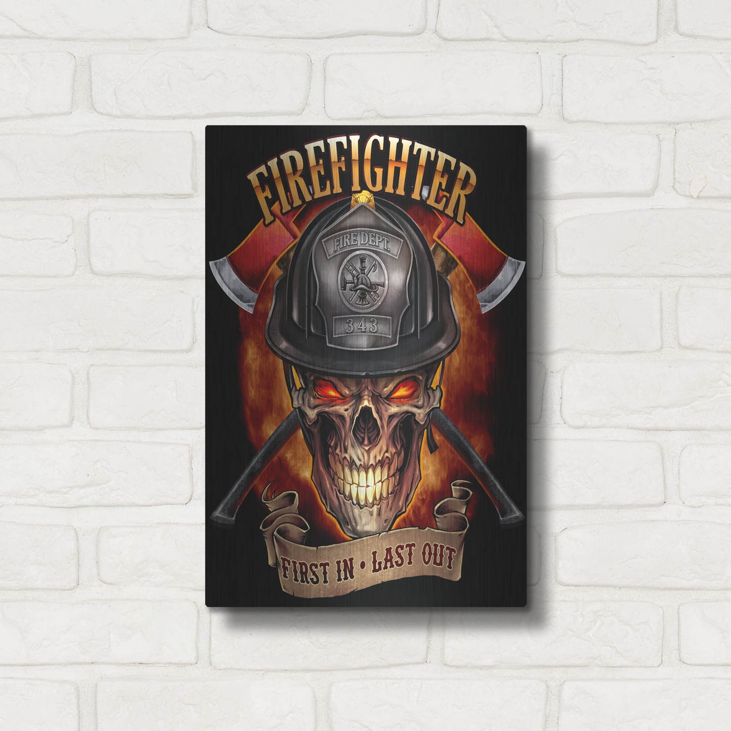 Luxe Metal Art 'Fire Fighter Skull' by Flyland Designs, Metal Wall Art,12x16