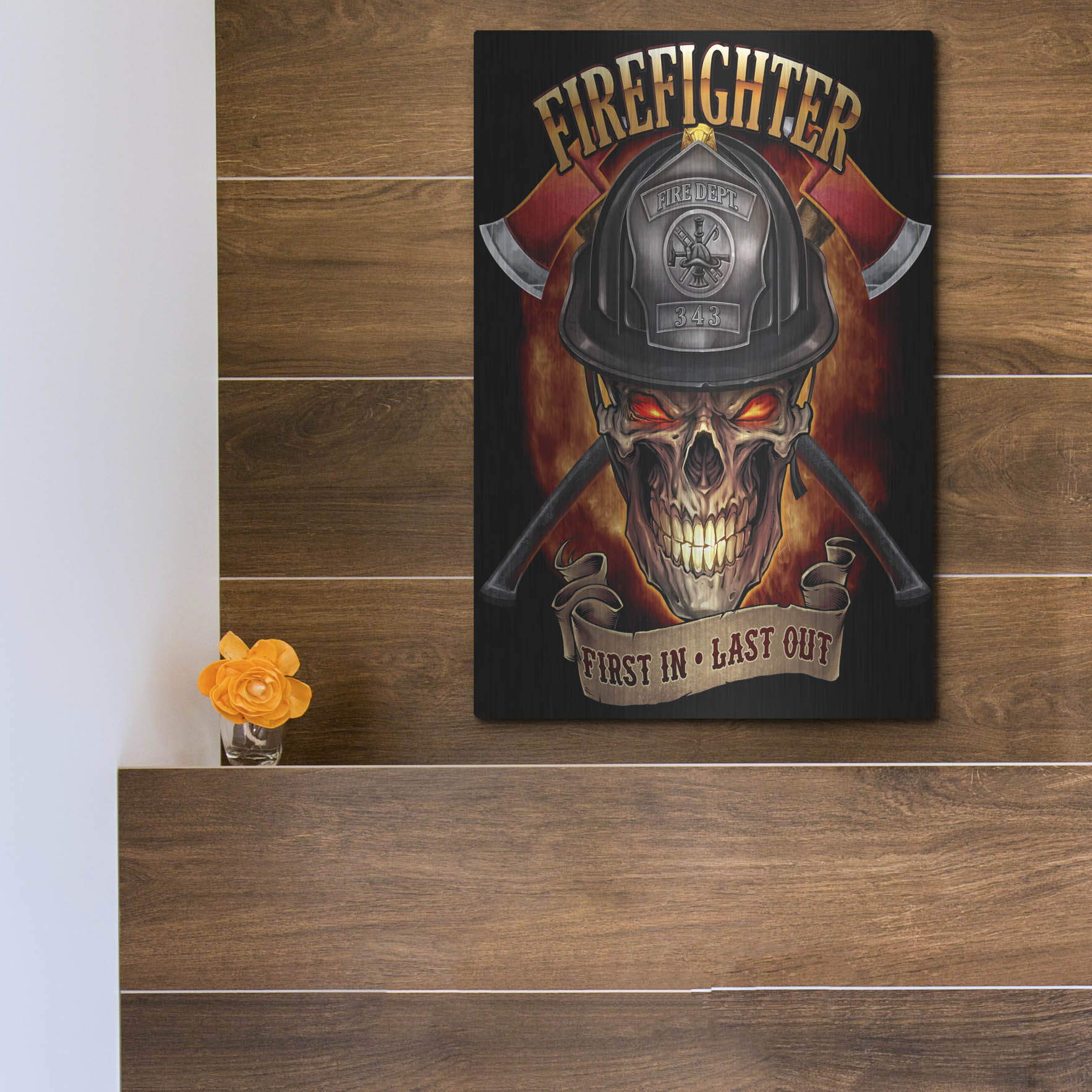Luxe Metal Art 'Fire Fighter Skull' by Flyland Designs, Metal Wall Art,12x16