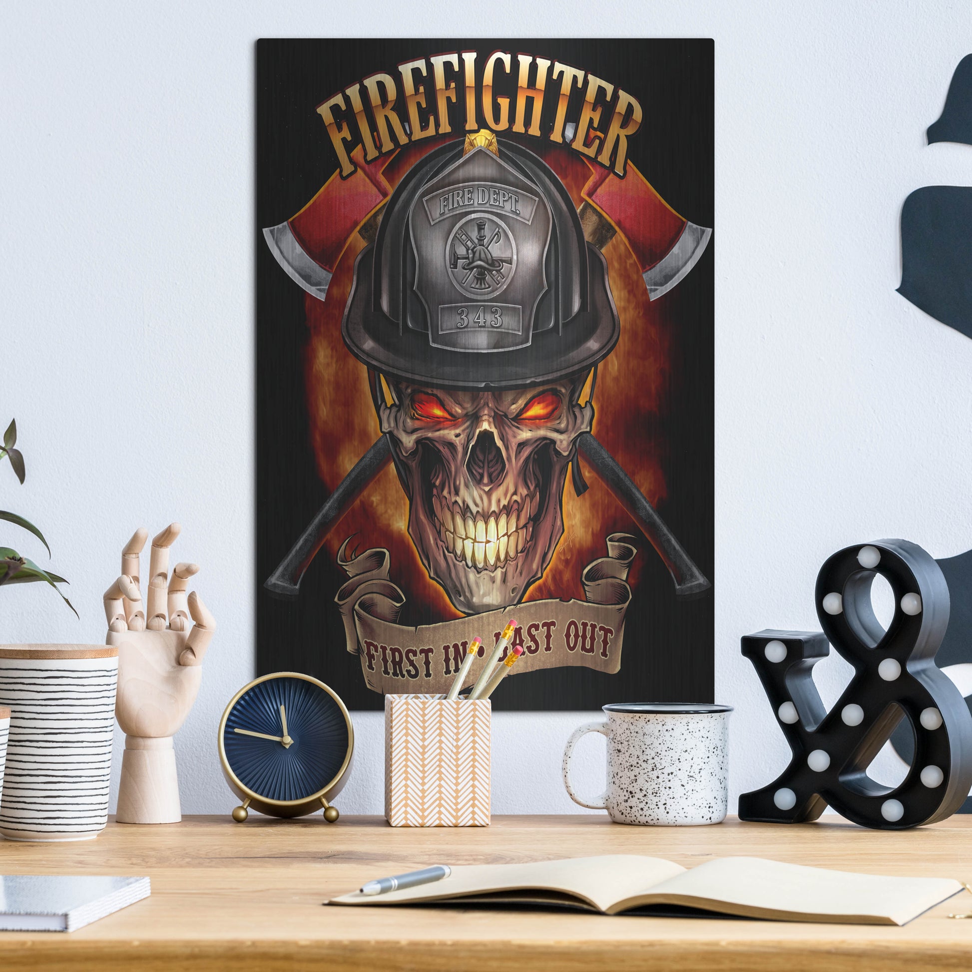 Luxe Metal Art 'Fire Fighter Skull' by Flyland Designs, Metal Wall Art,12x16
