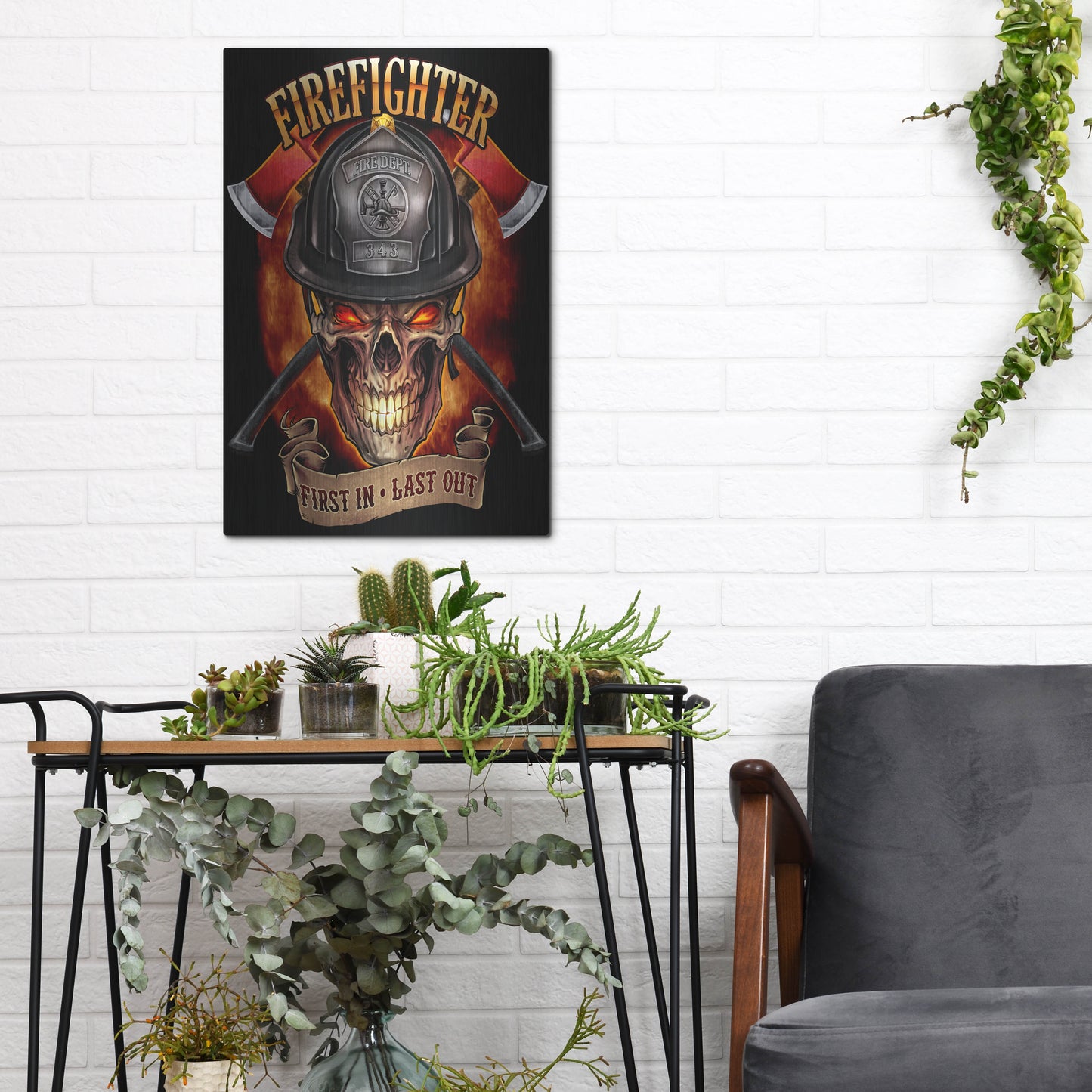 Luxe Metal Art 'Fire Fighter Skull' by Flyland Designs, Metal Wall Art,12x16