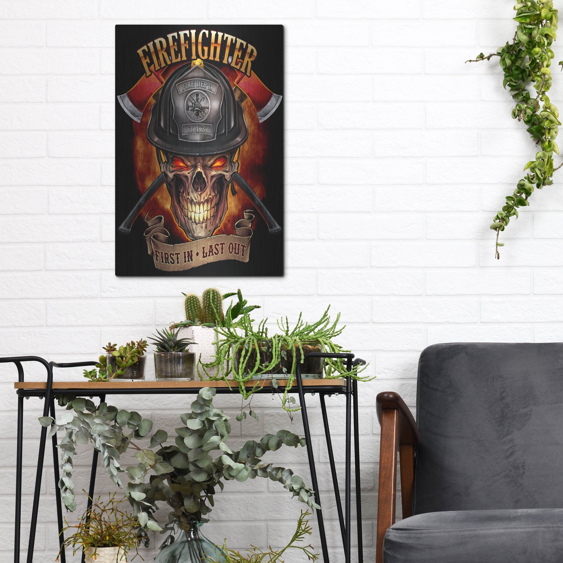 Luxe Metal Art 'Fire Fighter Skull' by Flyland Designs, Metal Wall Art,12x16