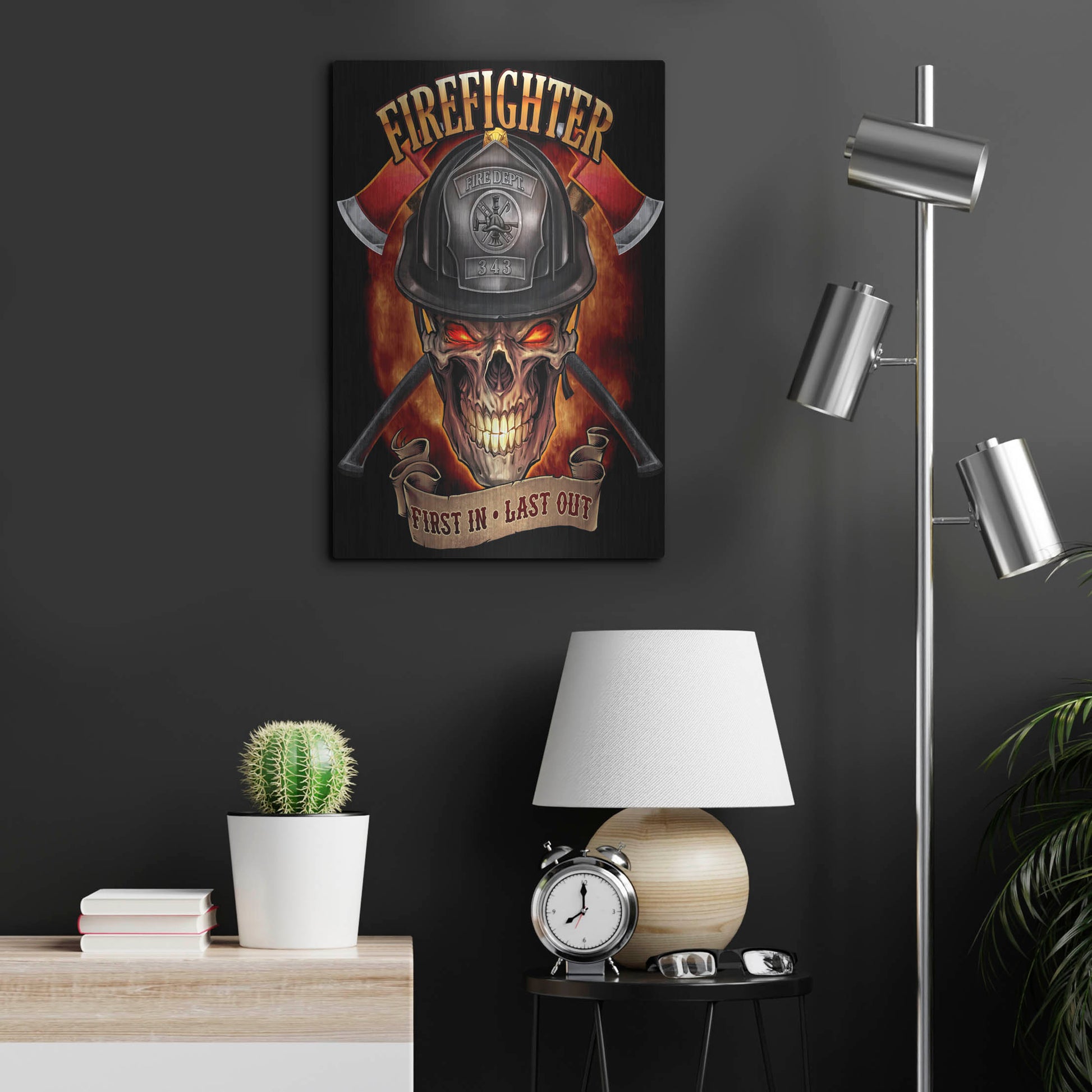 Luxe Metal Art 'Fire Fighter Skull' by Flyland Designs, Metal Wall Art,16x24