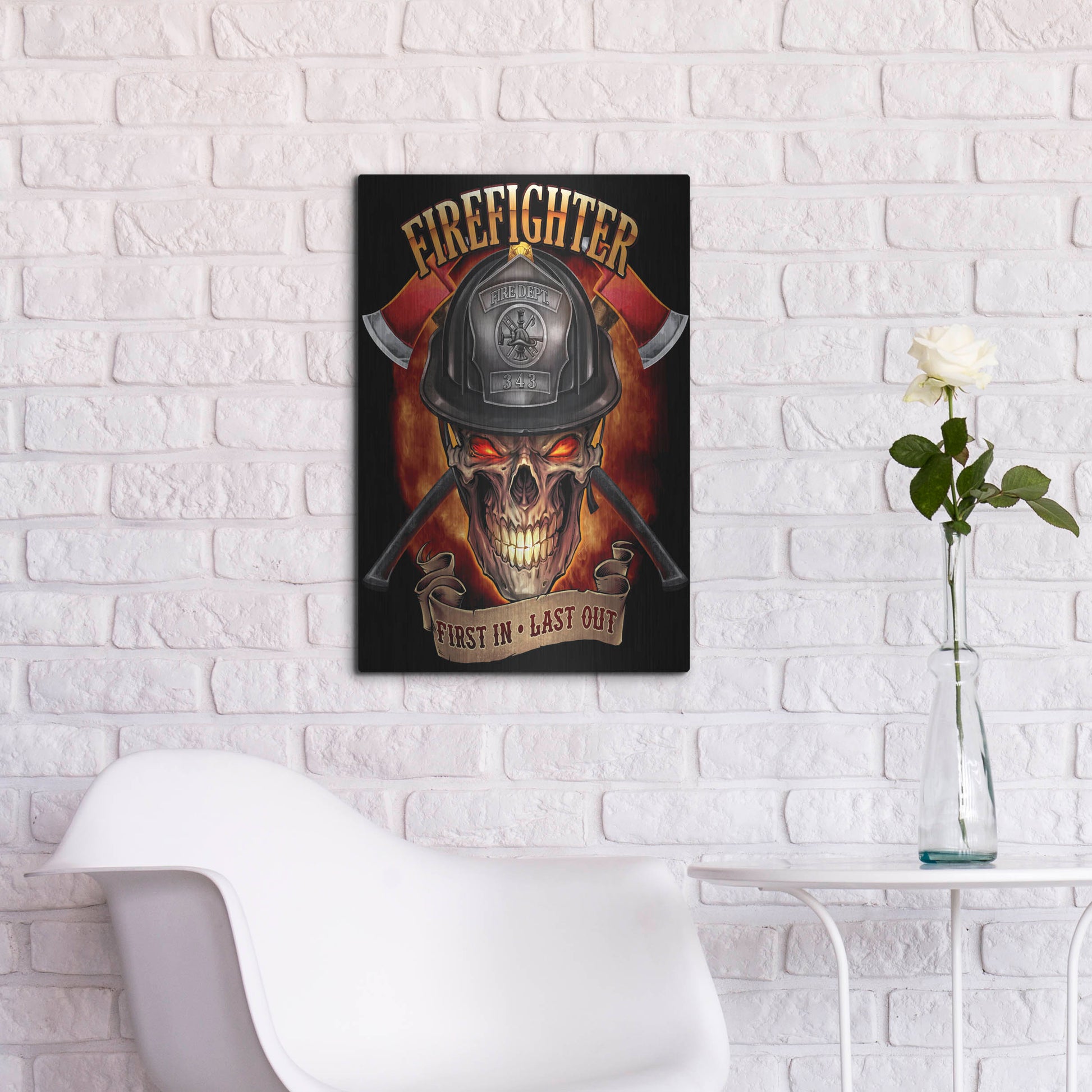 Luxe Metal Art 'Fire Fighter Skull' by Flyland Designs, Metal Wall Art,16x24