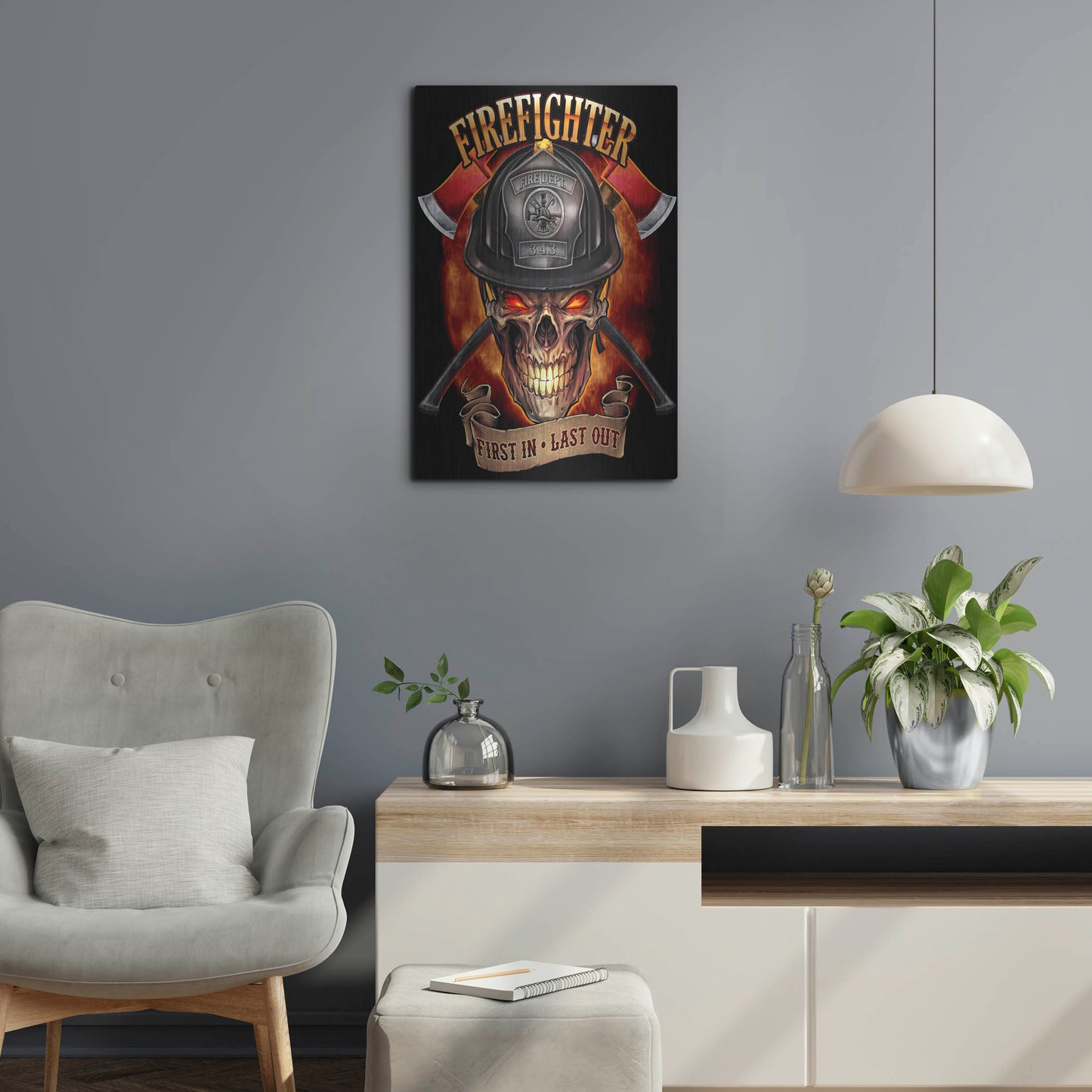 Luxe Metal Art 'Fire Fighter Skull' by Flyland Designs, Metal Wall Art,16x24