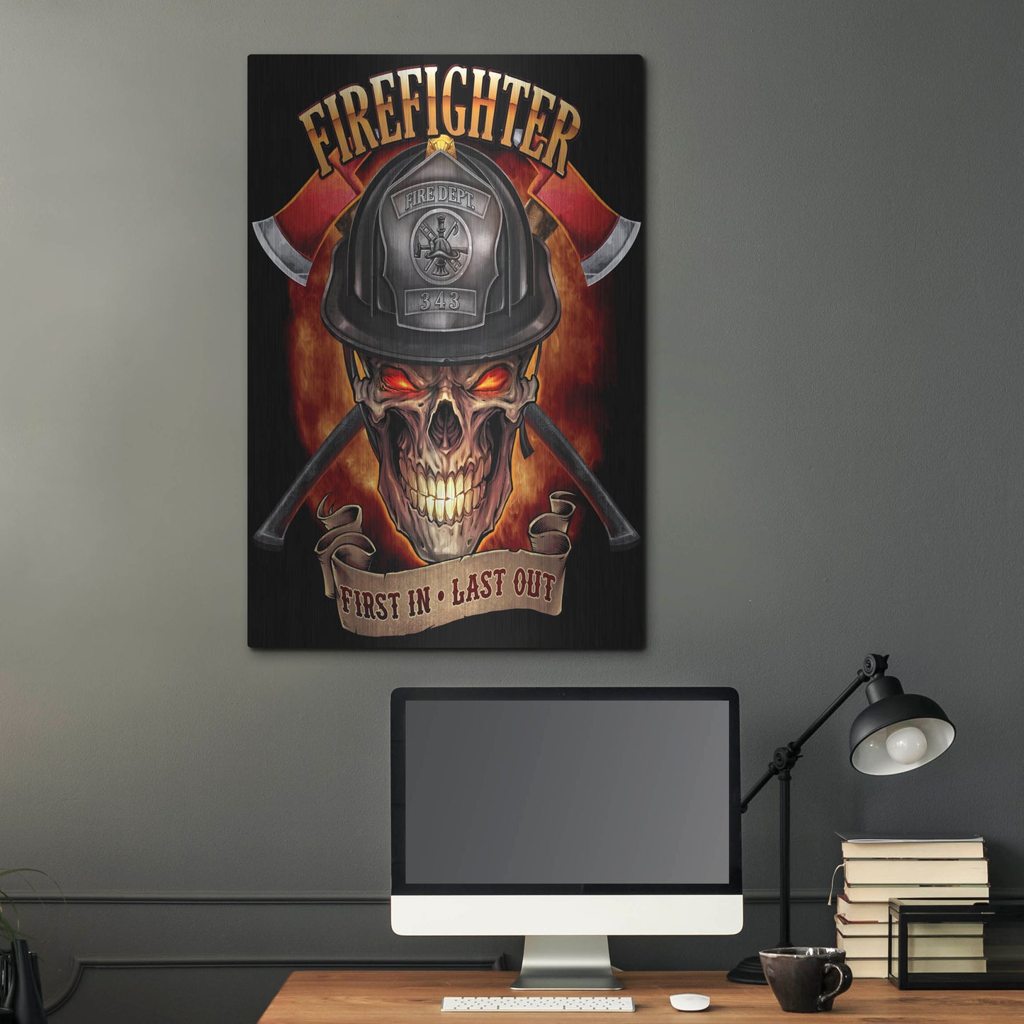 Luxe Metal Art 'Fire Fighter Skull' by Flyland Designs, Metal Wall Art,24x36