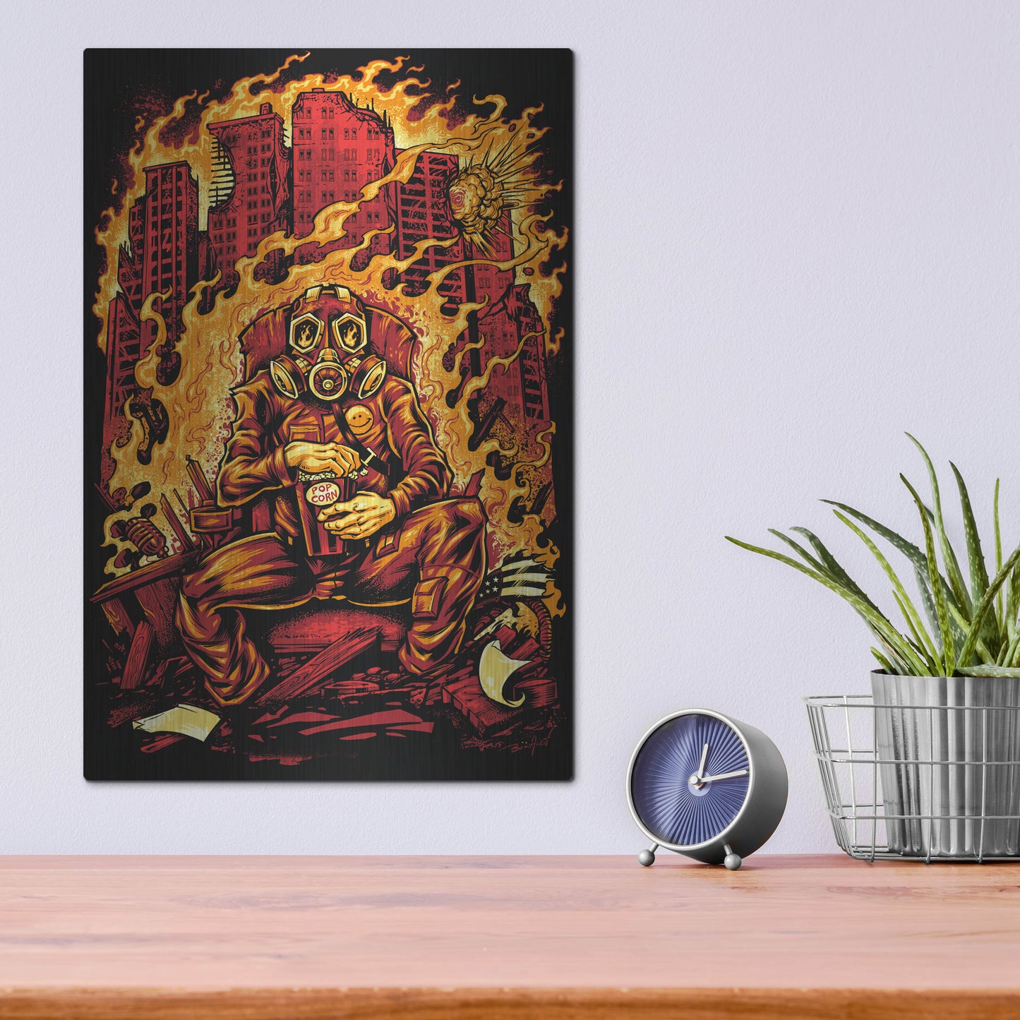 Luxe Metal Art 'Gas Mask Destroyed City' by Flyland Designs, Metal Wall Art,12x16