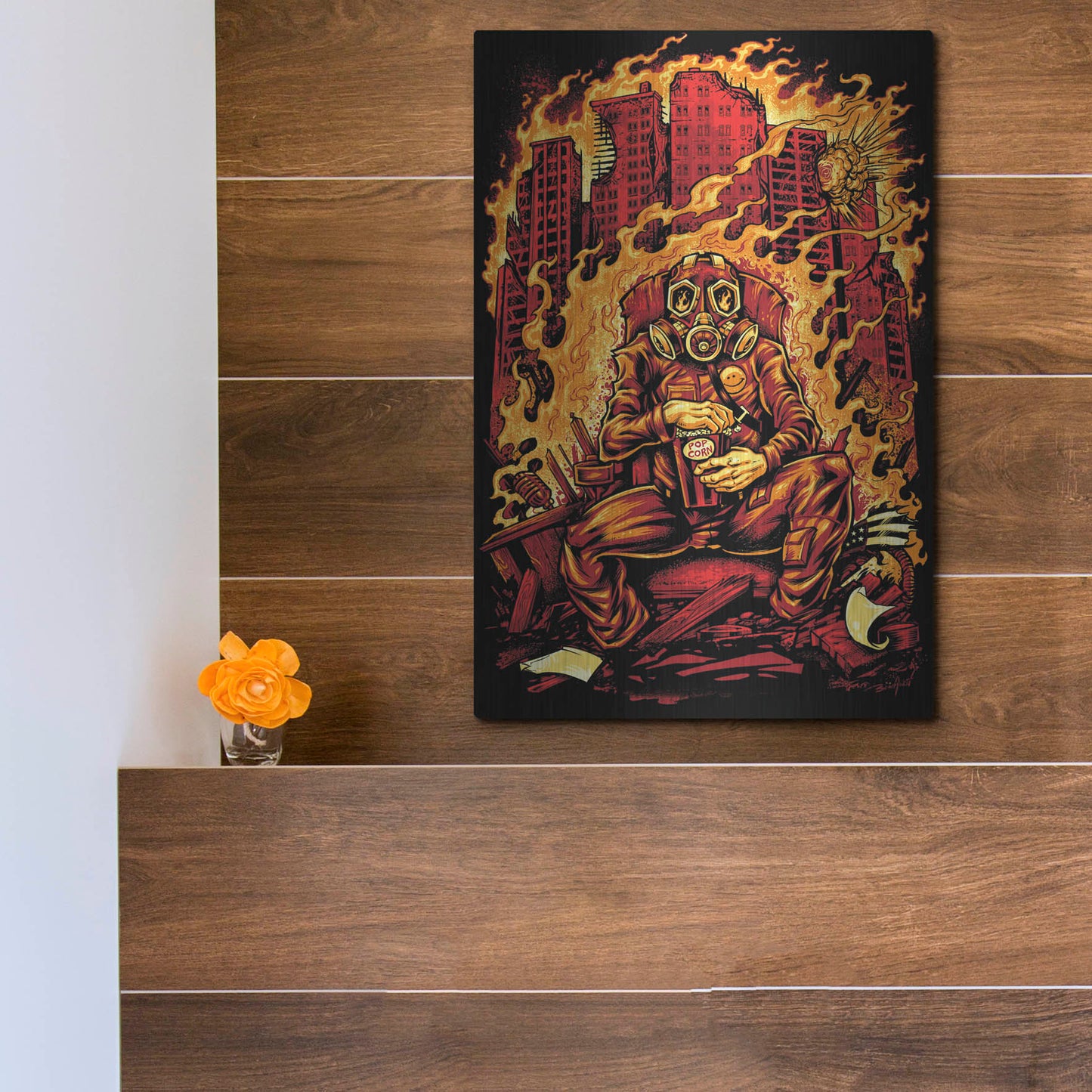 Luxe Metal Art 'Gas Mask Destroyed City' by Flyland Designs, Metal Wall Art,12x16