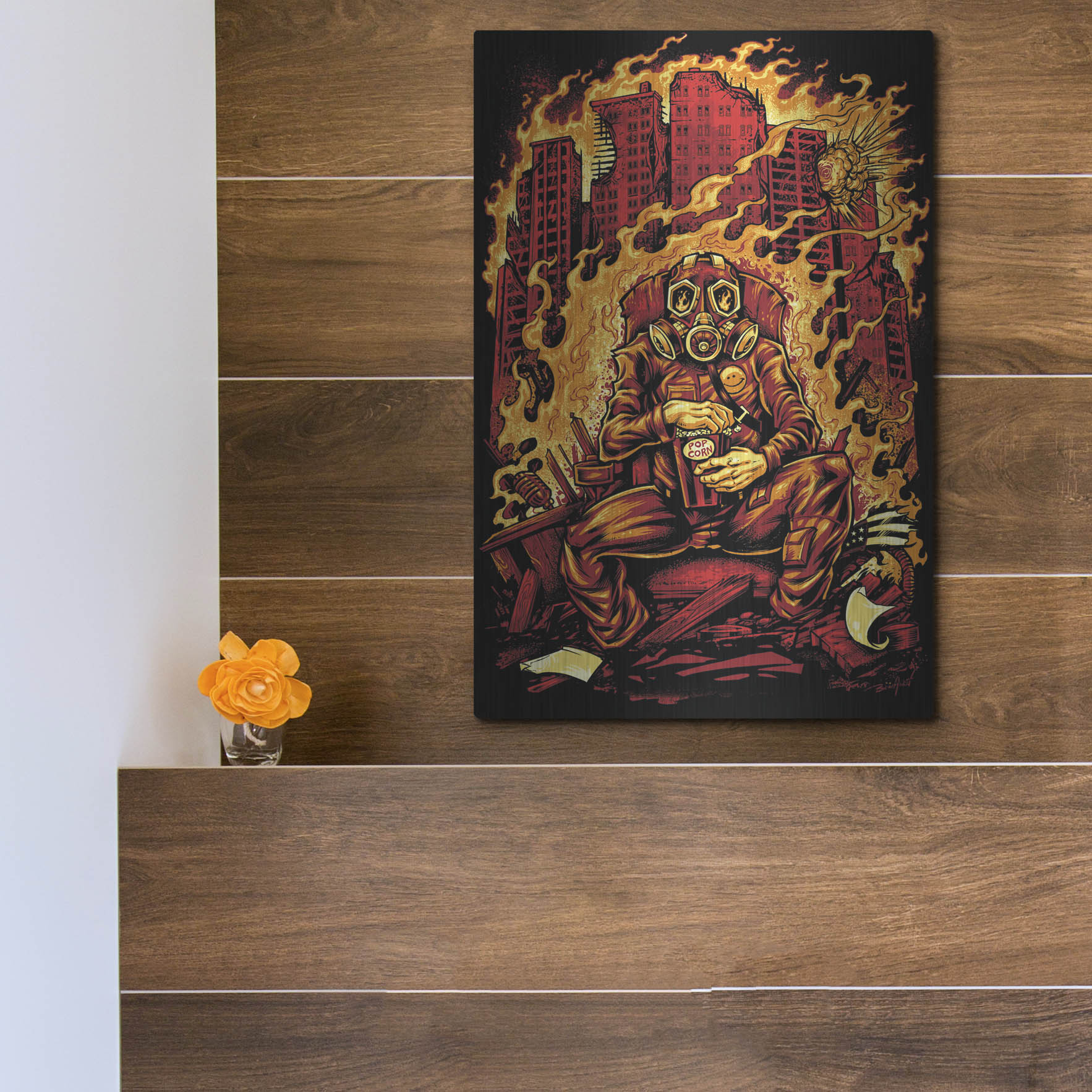 Luxe Metal Art 'Gas Mask Destroyed City' by Flyland Designs, Metal Wall Art,12x16