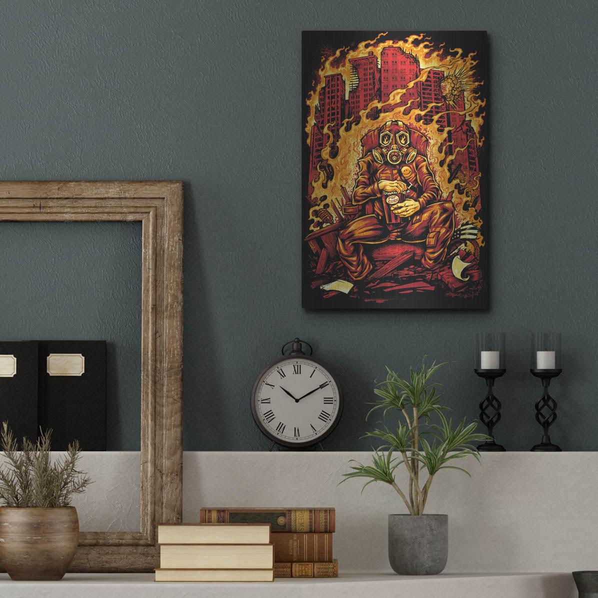 Luxe Metal Art 'Gas Mask Destroyed City' by Flyland Designs, Metal Wall Art,12x16