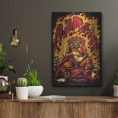 Luxe Metal Art 'Gas Mask Destroyed City' by Flyland Designs, Metal Wall Art,12x16