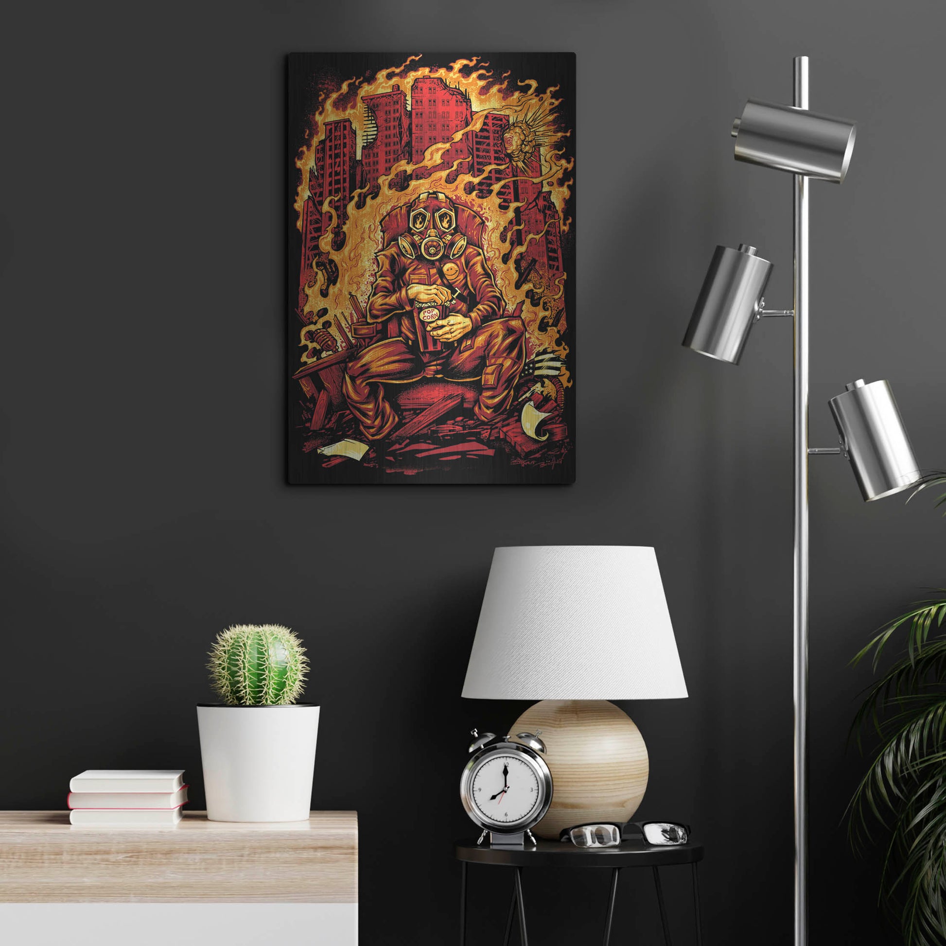 Luxe Metal Art 'Gas Mask Destroyed City' by Flyland Designs, Metal Wall Art,16x24