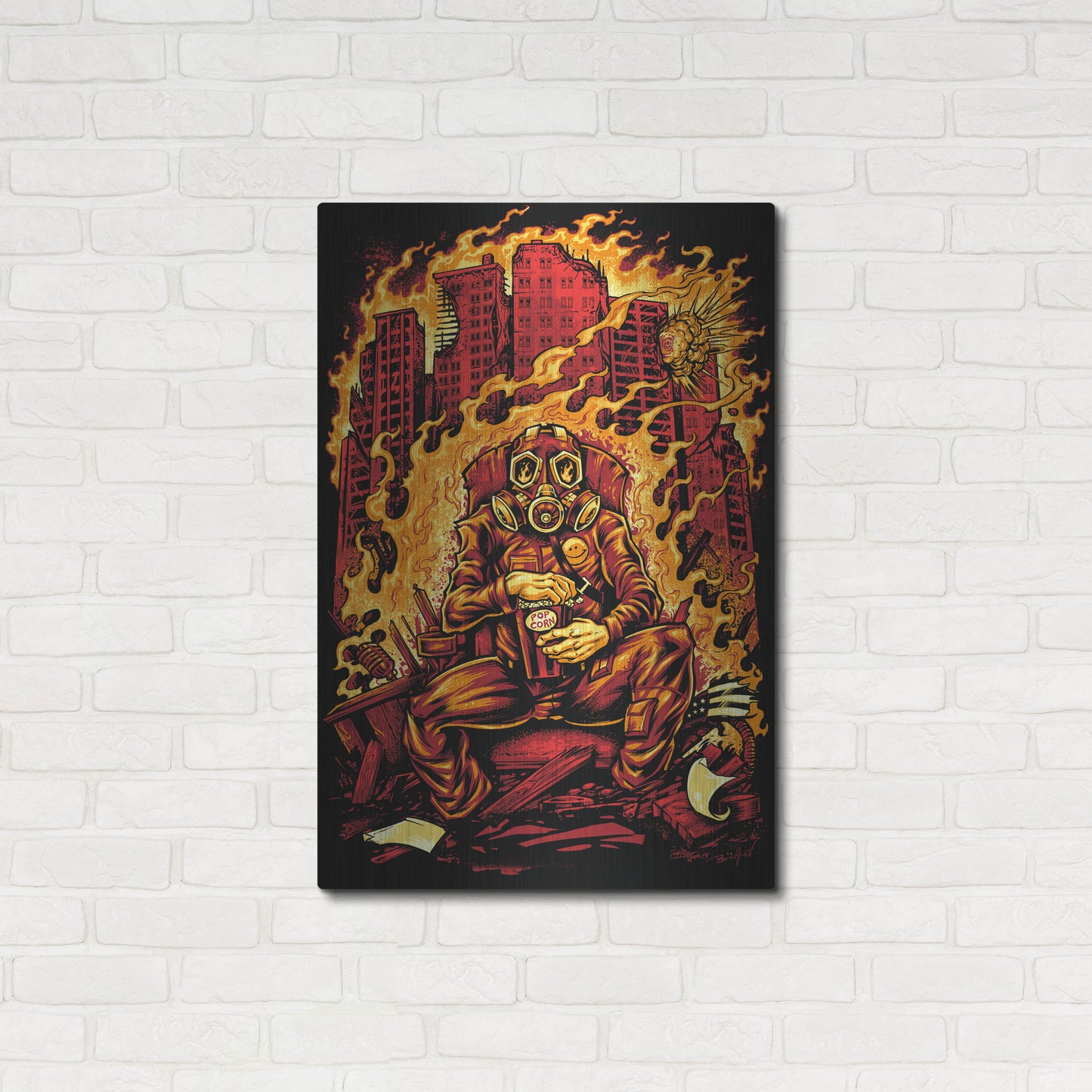 Luxe Metal Art 'Gas Mask Destroyed City' by Flyland Designs, Metal Wall Art,24x36