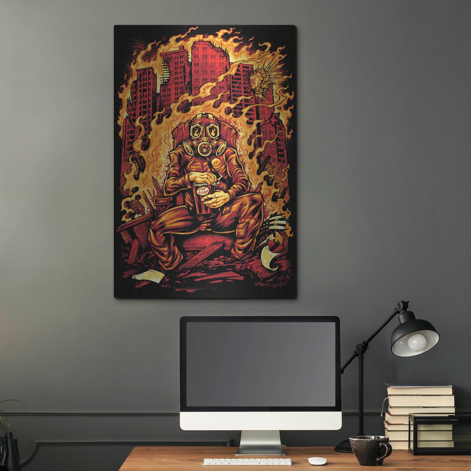 Luxe Metal Art 'Gas Mask Destroyed City' by Flyland Designs, Metal Wall Art,24x36