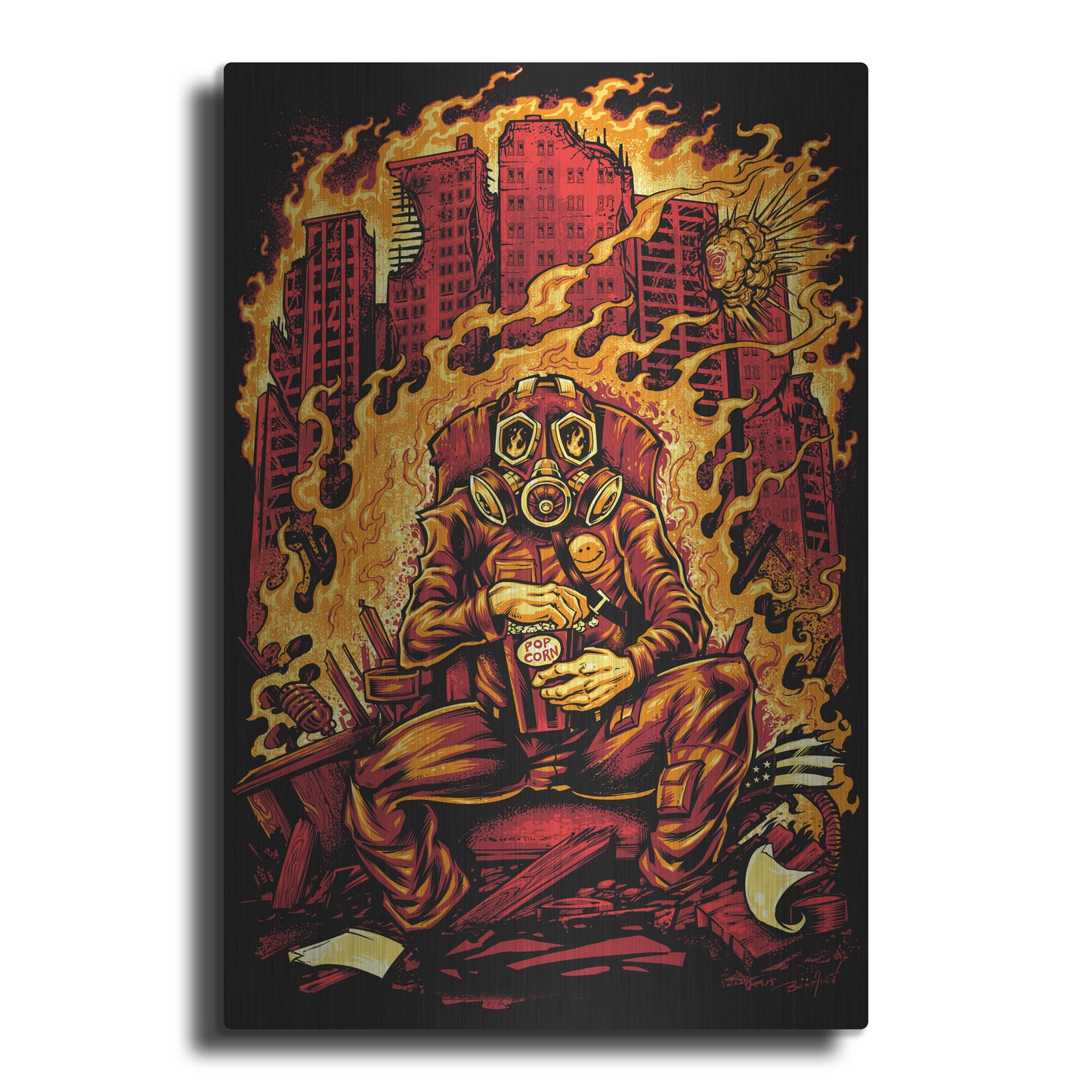 Luxe Metal Art 'Gas Mask Destroyed City' by Flyland Designs, Metal Wall Art