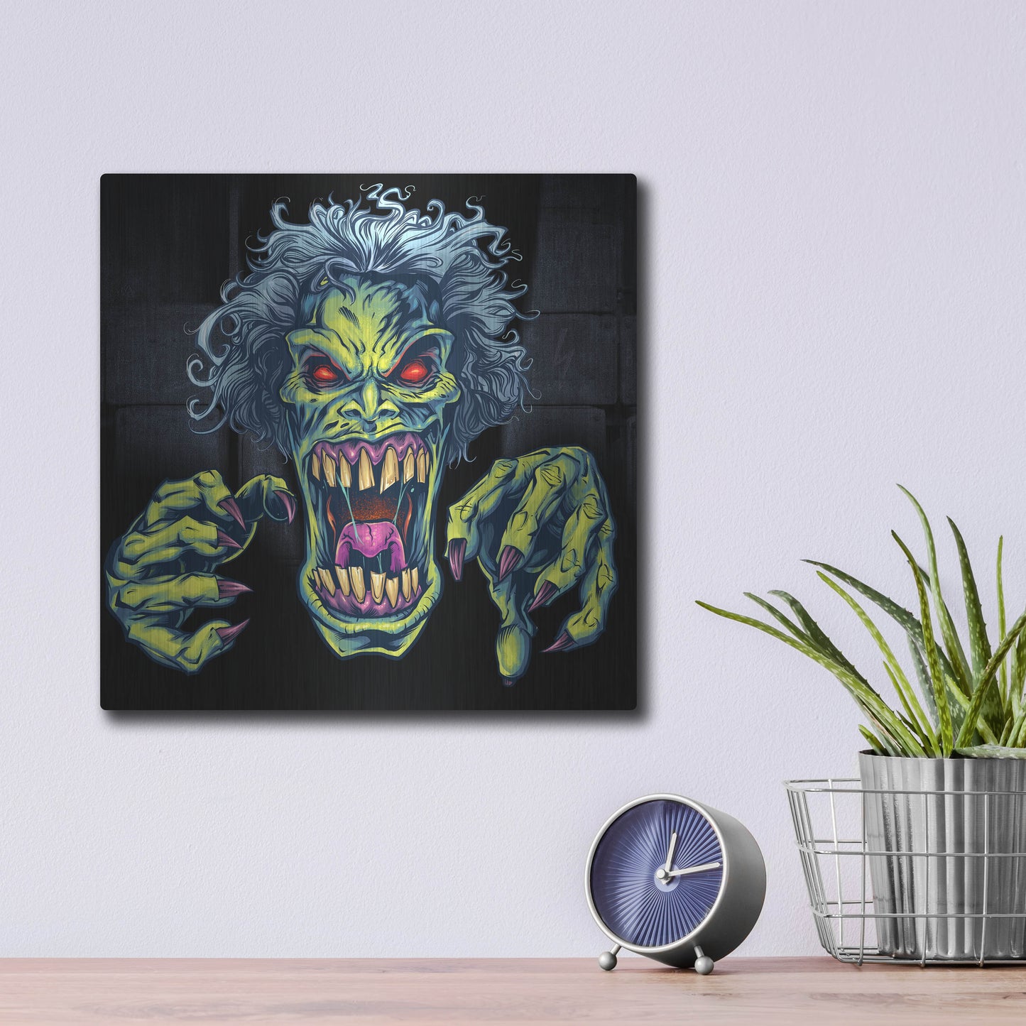 Luxe Metal Art 'Green Cartoon Zombie' by Flyland Designs, Metal Wall Art,12x12