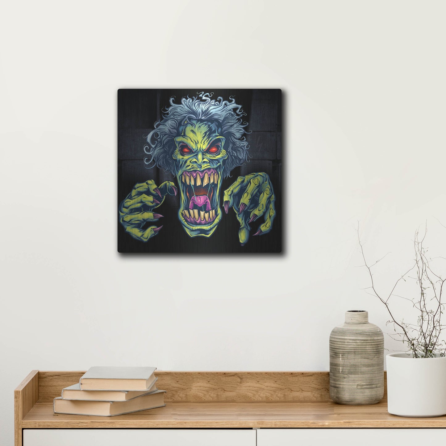 Luxe Metal Art 'Green Cartoon Zombie' by Flyland Designs, Metal Wall Art,12x12