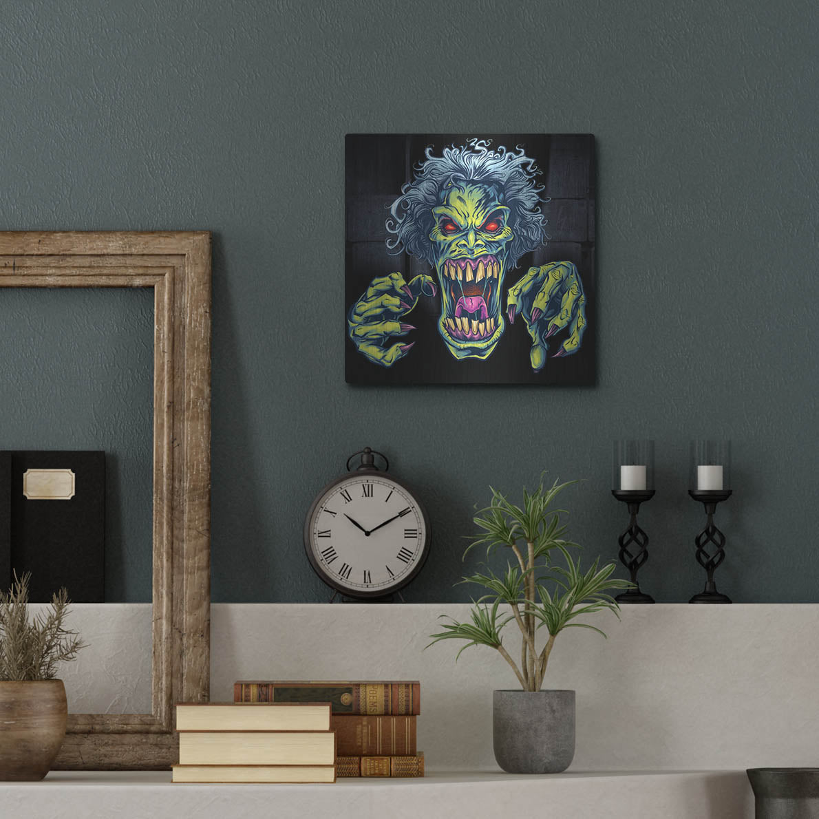 Luxe Metal Art 'Green Cartoon Zombie' by Flyland Designs, Metal Wall Art,12x12