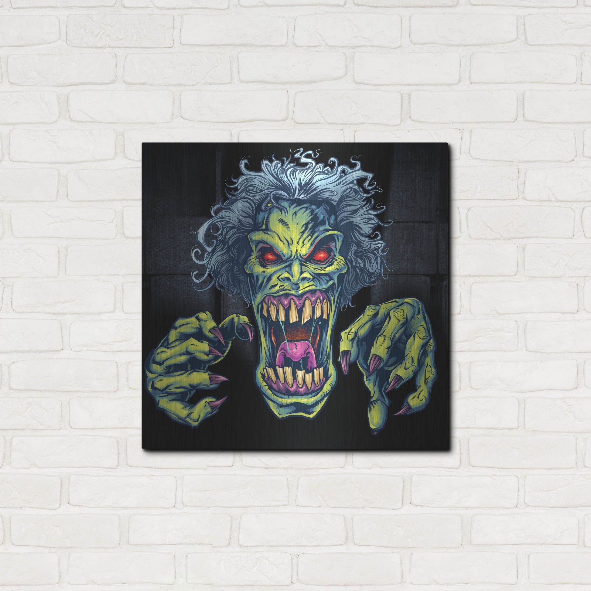 Luxe Metal Art 'Green Cartoon Zombie' by Flyland Designs, Metal Wall Art,24x24