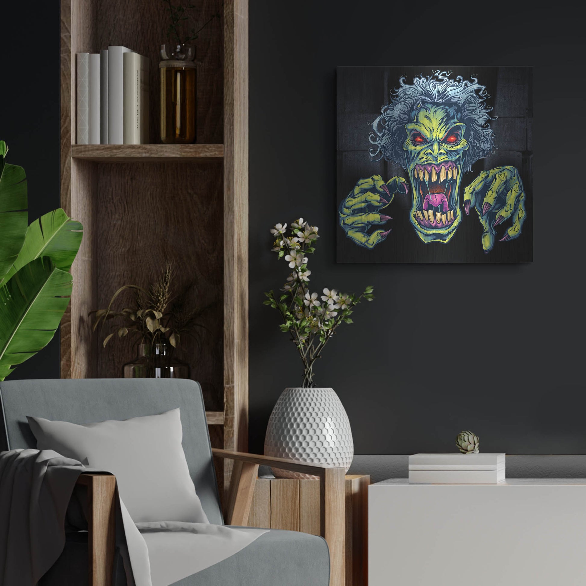 Luxe Metal Art 'Green Cartoon Zombie' by Flyland Designs, Metal Wall Art,24x24