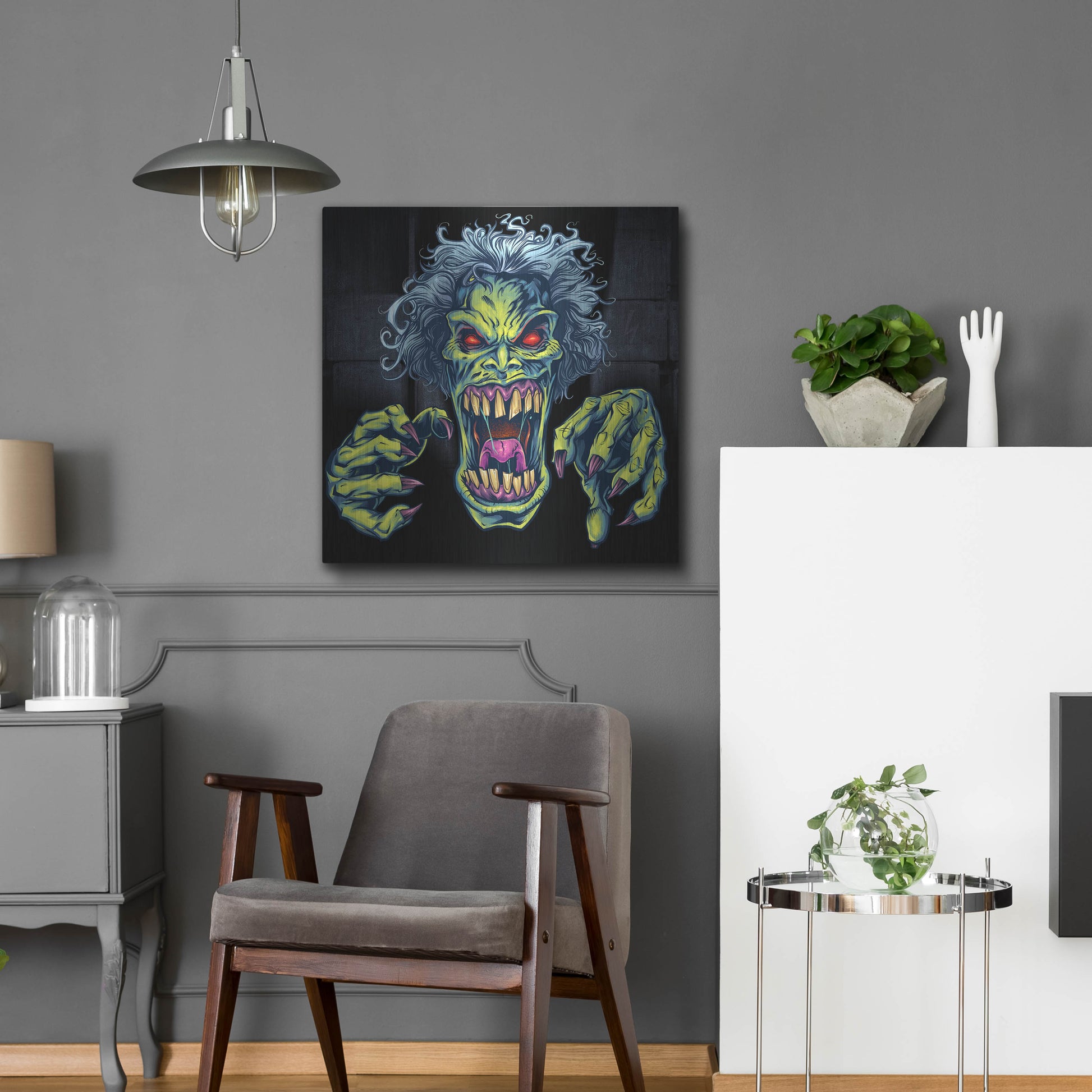 Luxe Metal Art 'Green Cartoon Zombie' by Flyland Designs, Metal Wall Art,24x24