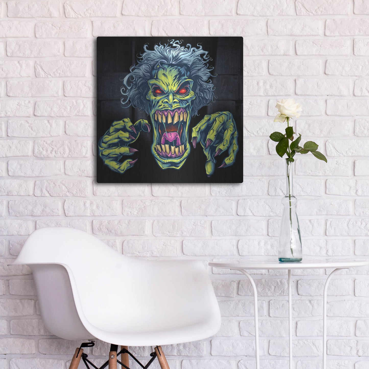 Luxe Metal Art 'Green Cartoon Zombie' by Flyland Designs, Metal Wall Art,24x24