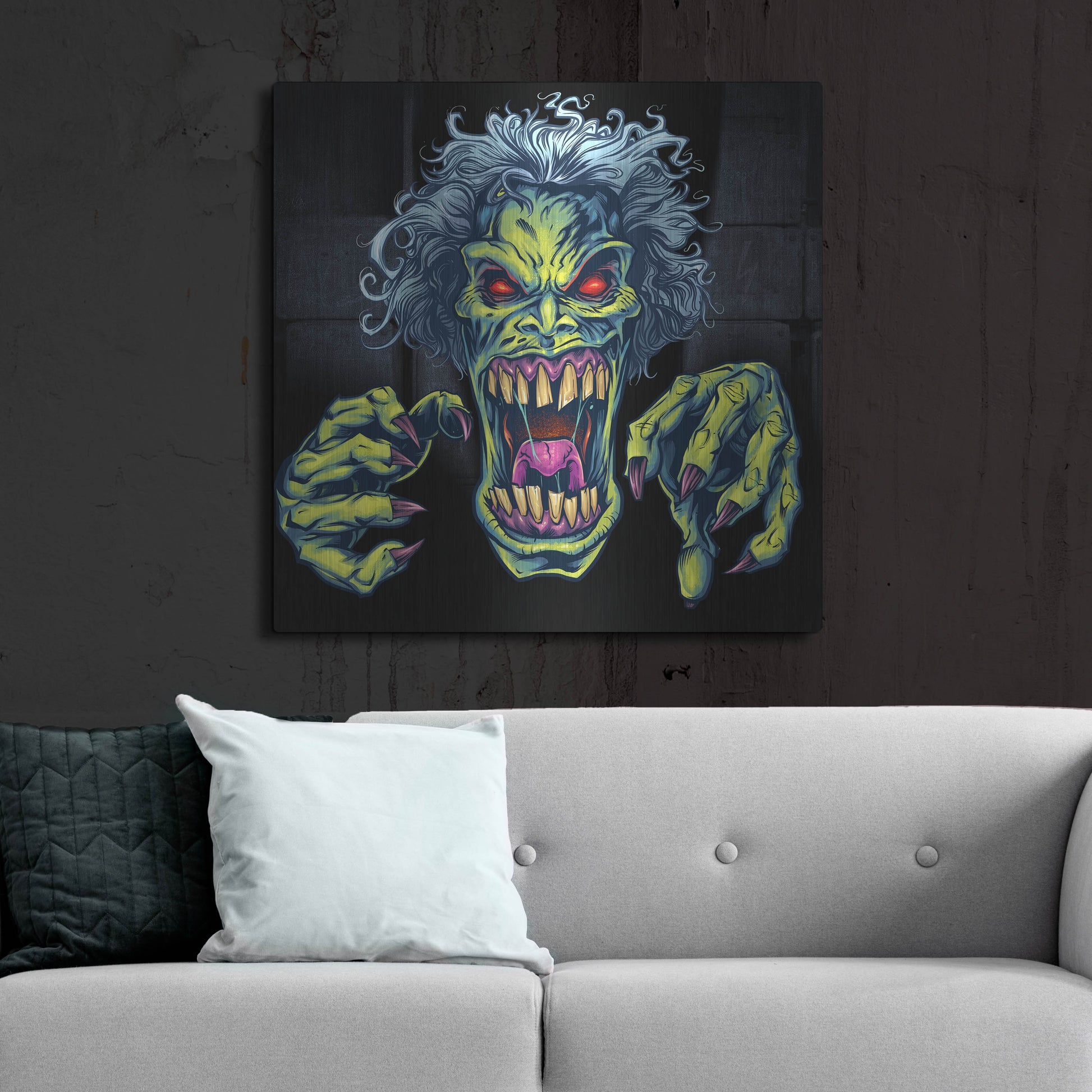Luxe Metal Art 'Green Cartoon Zombie' by Flyland Designs, Metal Wall Art,36x36