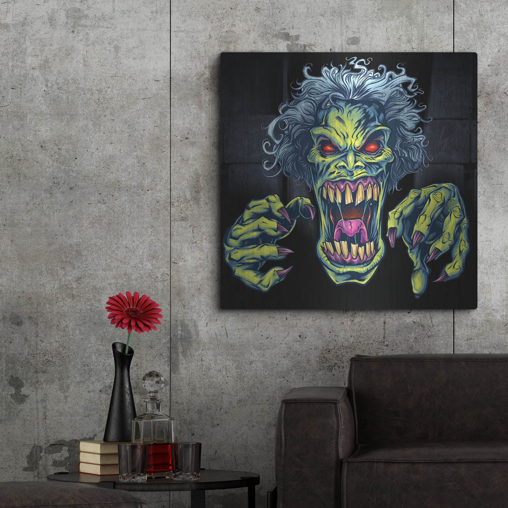 Luxe Metal Art 'Green Cartoon Zombie' by Flyland Designs, Metal Wall Art,36x36