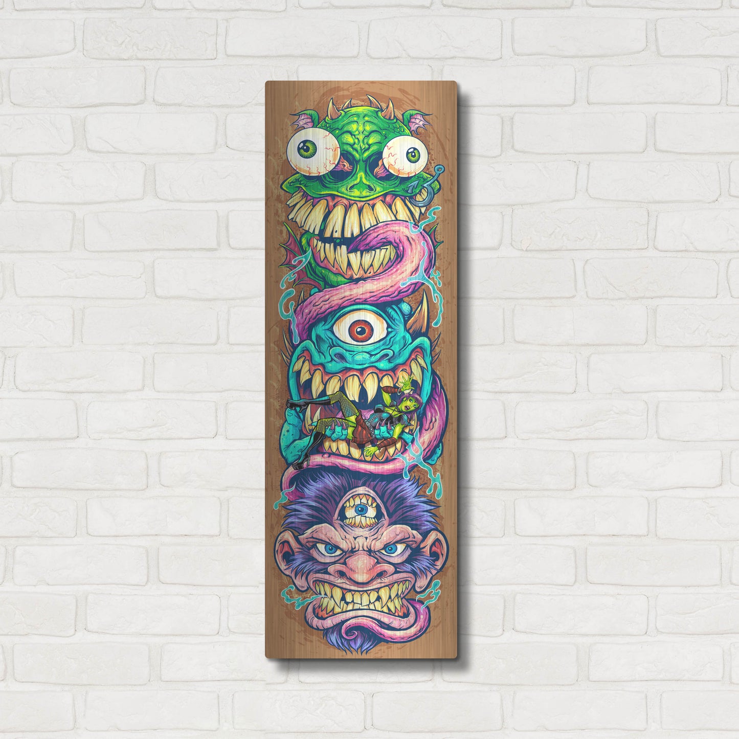 Luxe Metal Art 'Monster Faces Skateboard' by Flyland Designs, Metal Wall Art,12x36