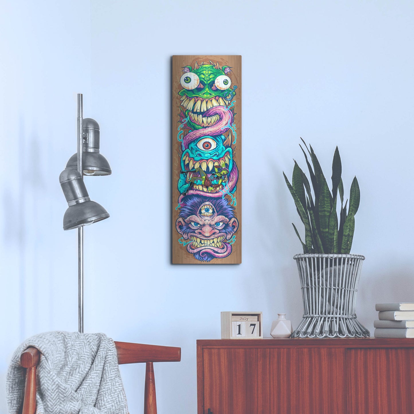 Luxe Metal Art 'Monster Faces Skateboard' by Flyland Designs, Metal Wall Art,12x36