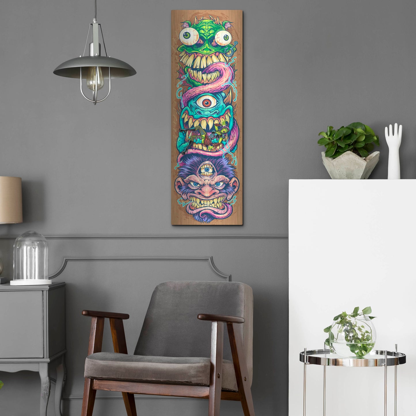Luxe Metal Art 'Monster Faces Skateboard' by Flyland Designs, Metal Wall Art,12x36