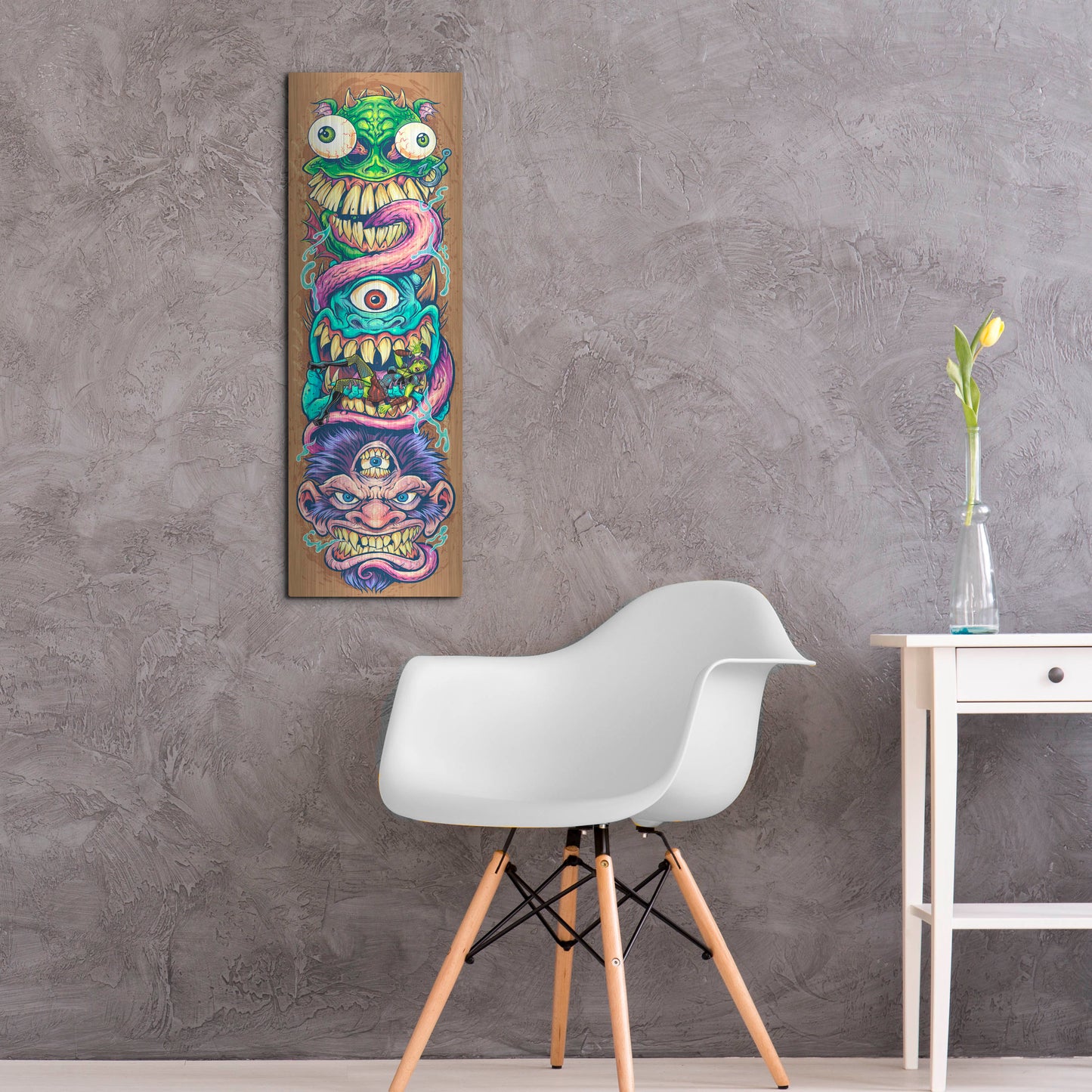 Luxe Metal Art 'Monster Faces Skateboard' by Flyland Designs, Metal Wall Art,12x36
