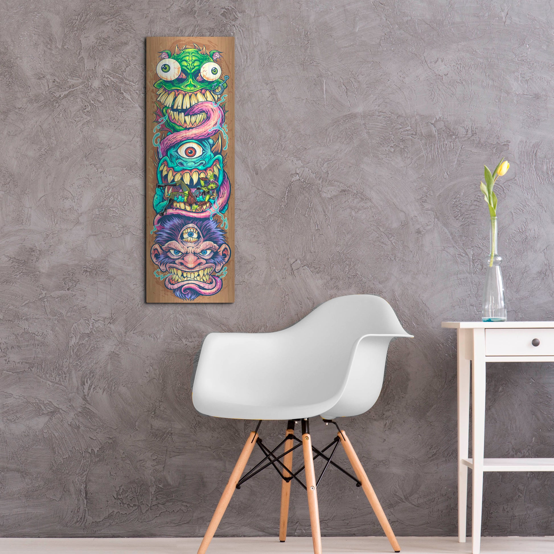 Luxe Metal Art 'Monster Faces Skateboard' by Flyland Designs, Metal Wall Art,12x36