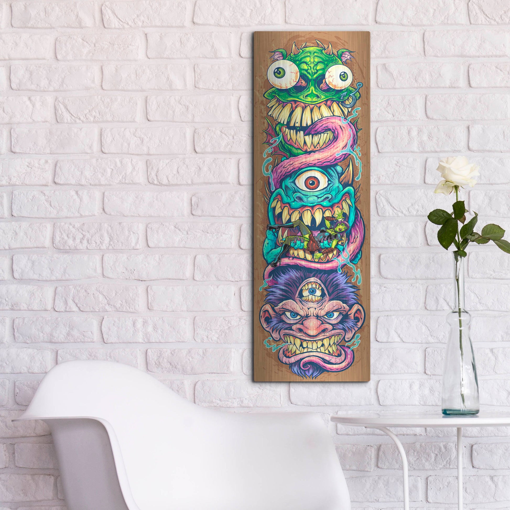 Luxe Metal Art 'Monster Faces Skateboard' by Flyland Designs, Metal Wall Art,12x36