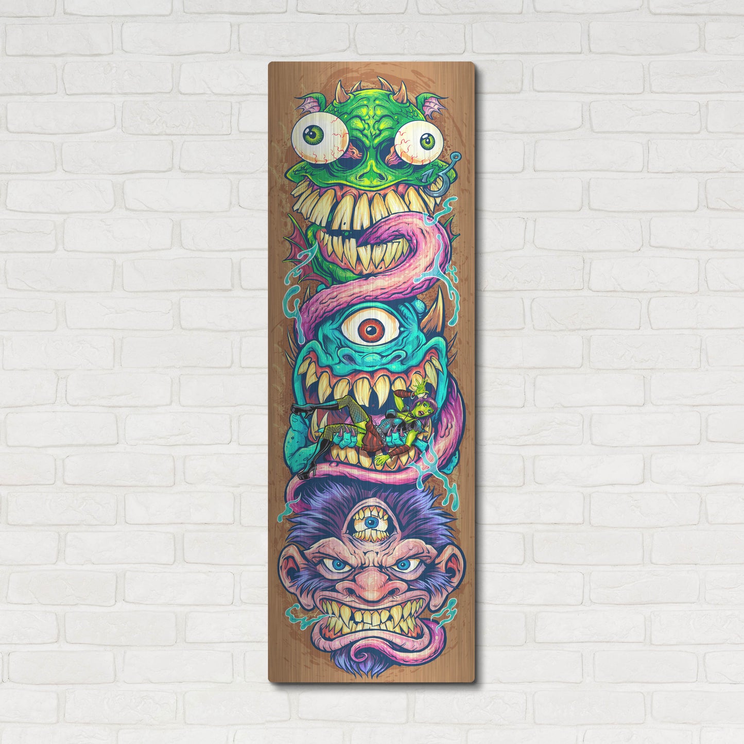 Luxe Metal Art 'Monster Faces Skateboard' by Flyland Designs, Metal Wall Art,16x48