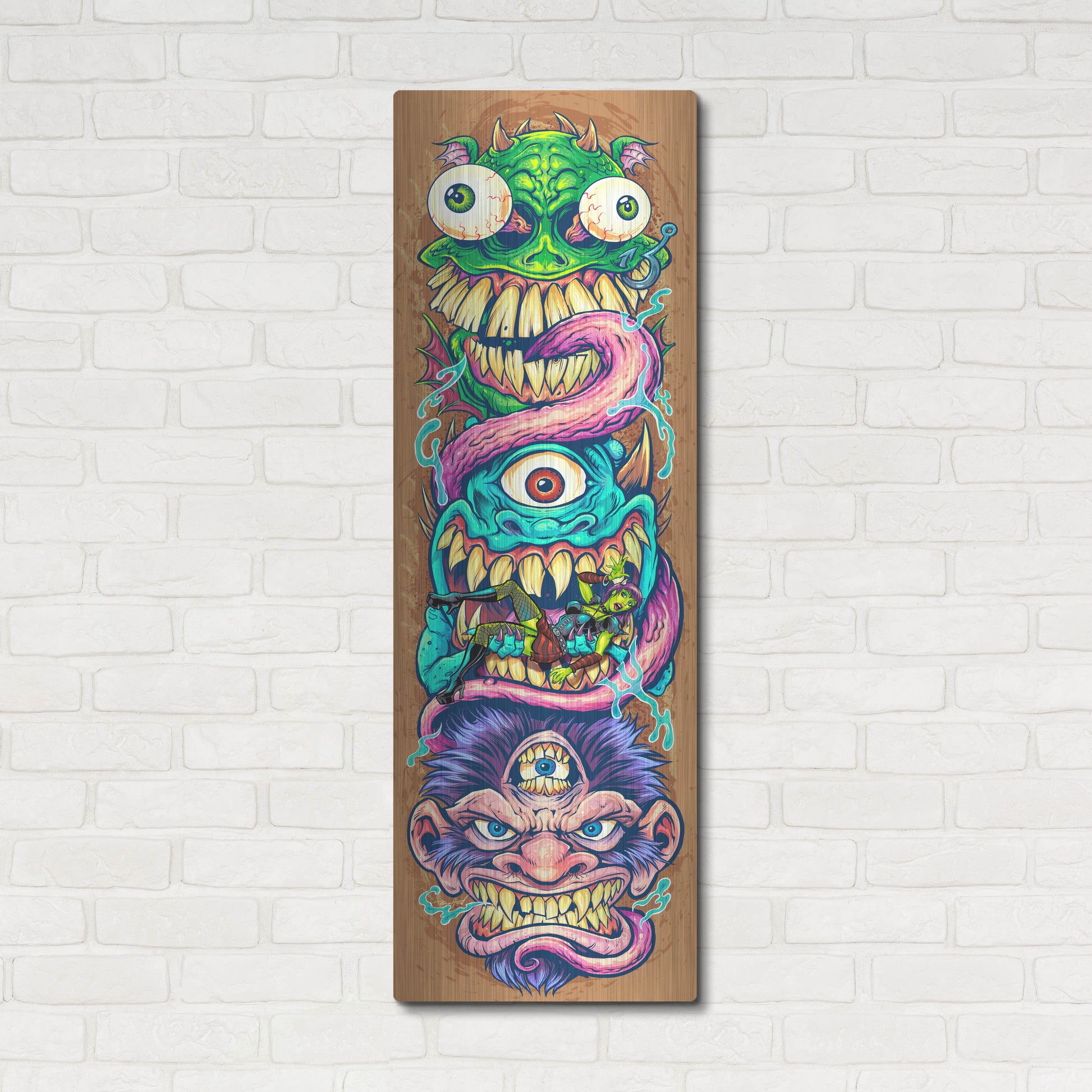 Luxe Metal Art 'Monster Faces Skateboard' by Flyland Designs, Metal Wall Art,16x48