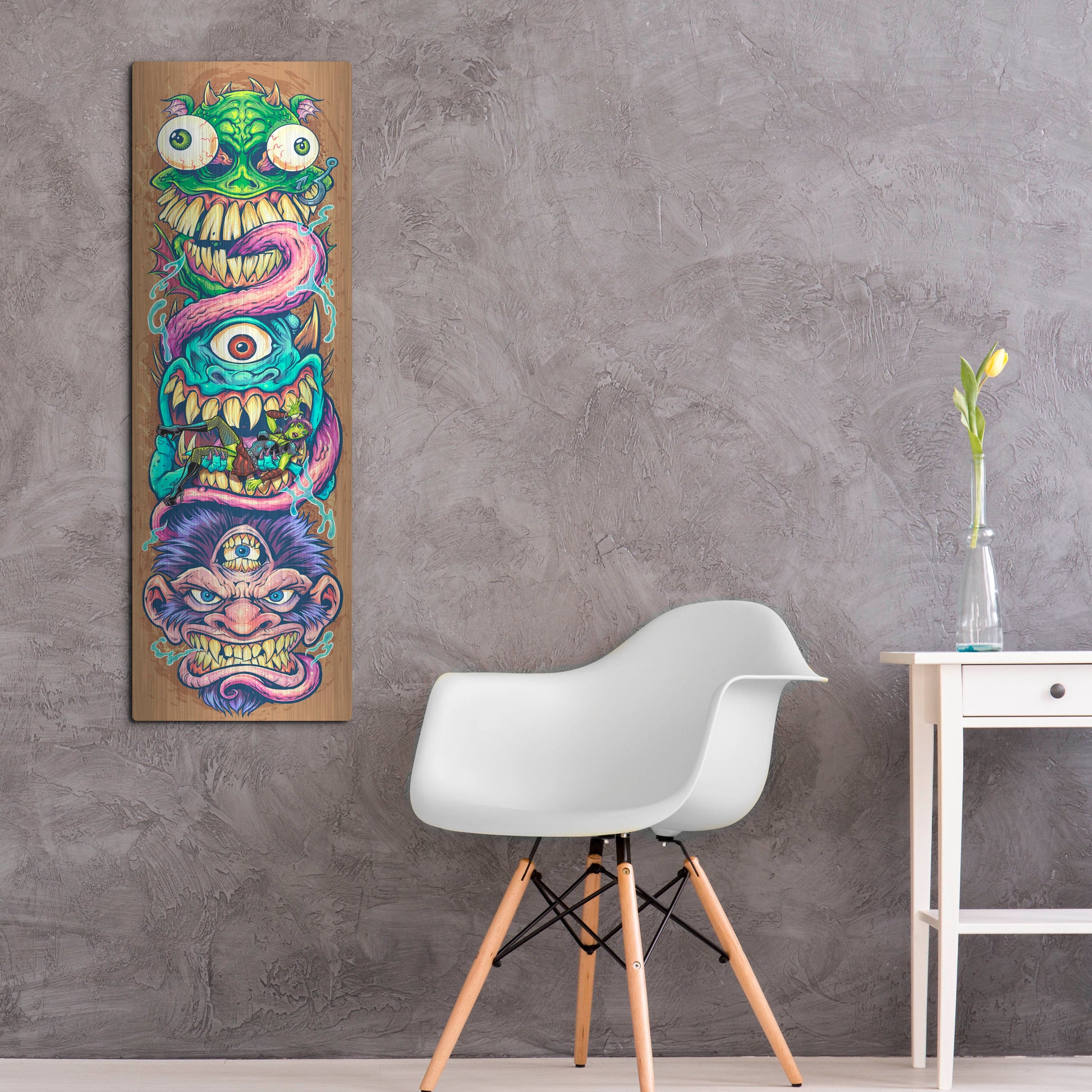 Luxe Metal Art 'Monster Faces Skateboard' by Flyland Designs, Metal Wall Art,16x48