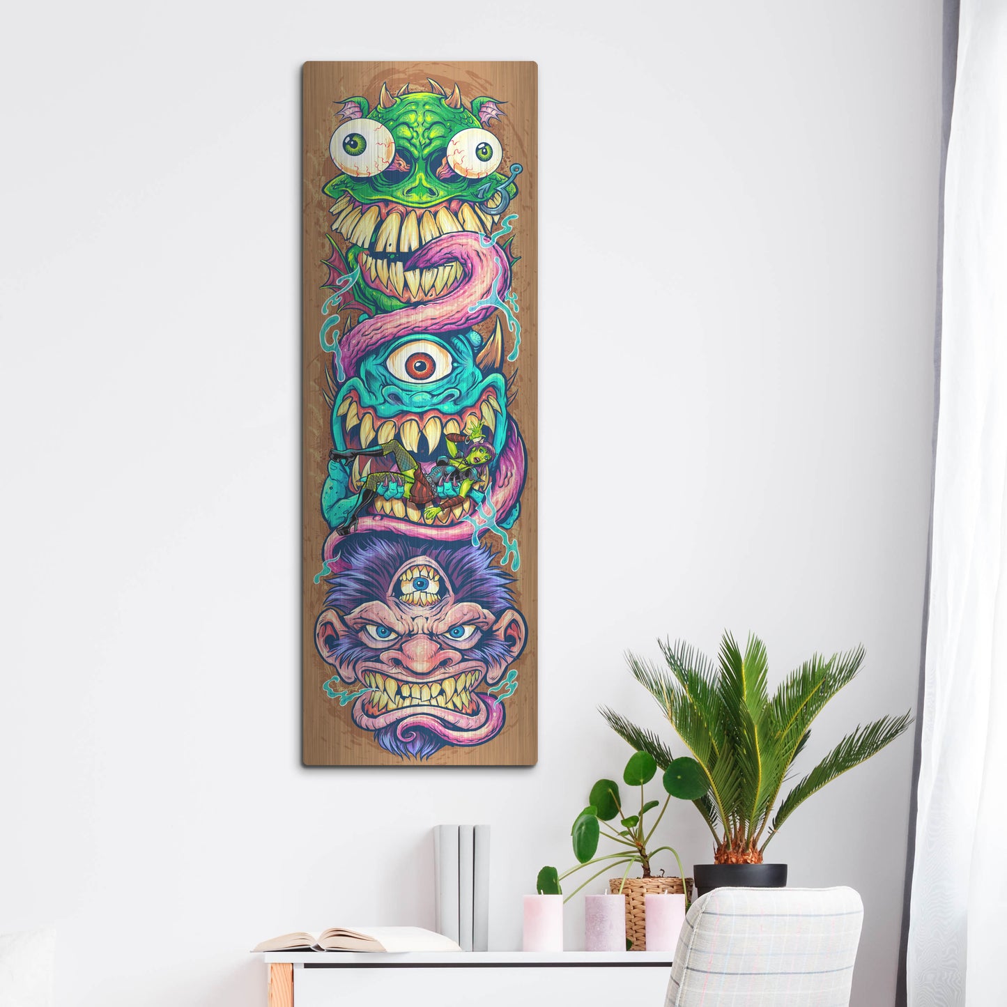Luxe Metal Art 'Monster Faces Skateboard' by Flyland Designs, Metal Wall Art,16x48