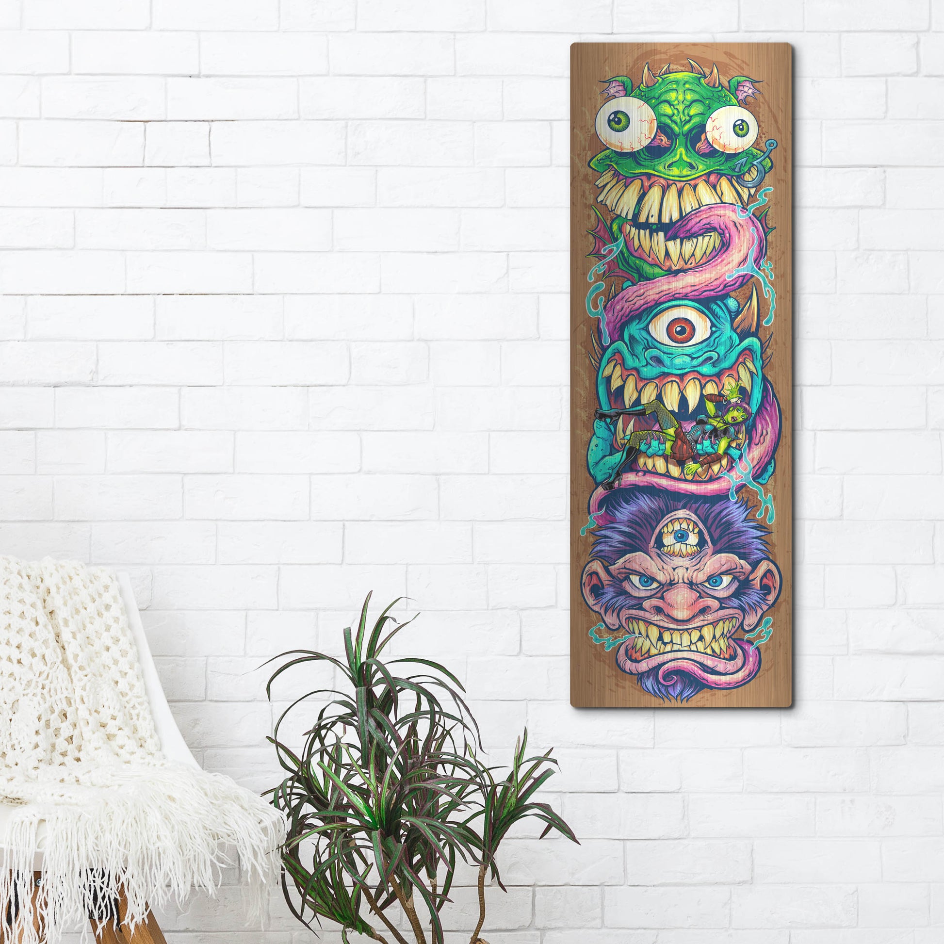 Luxe Metal Art 'Monster Faces Skateboard' by Flyland Designs, Metal Wall Art,16x48