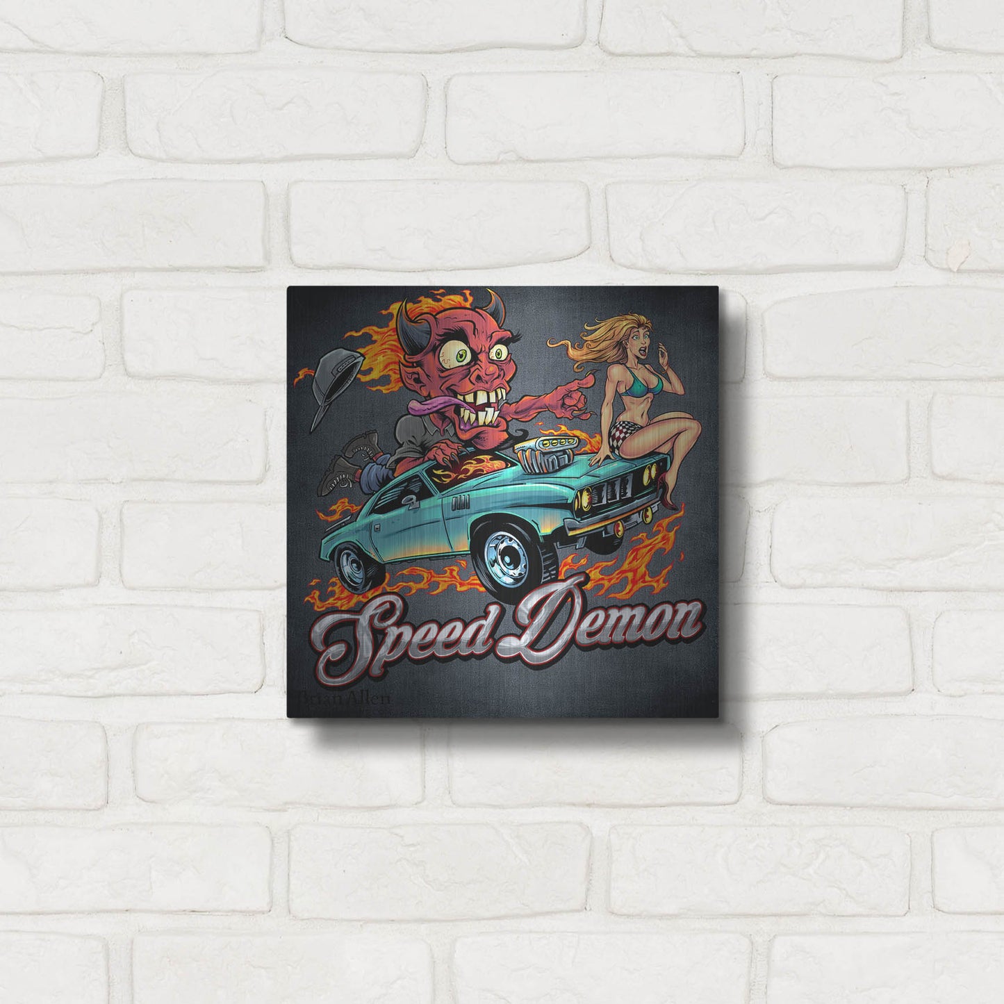 Luxe Metal Art 'Speed Demon Flaming Hot Rod' by Flyland Designs, Metal Wall Art,12x12