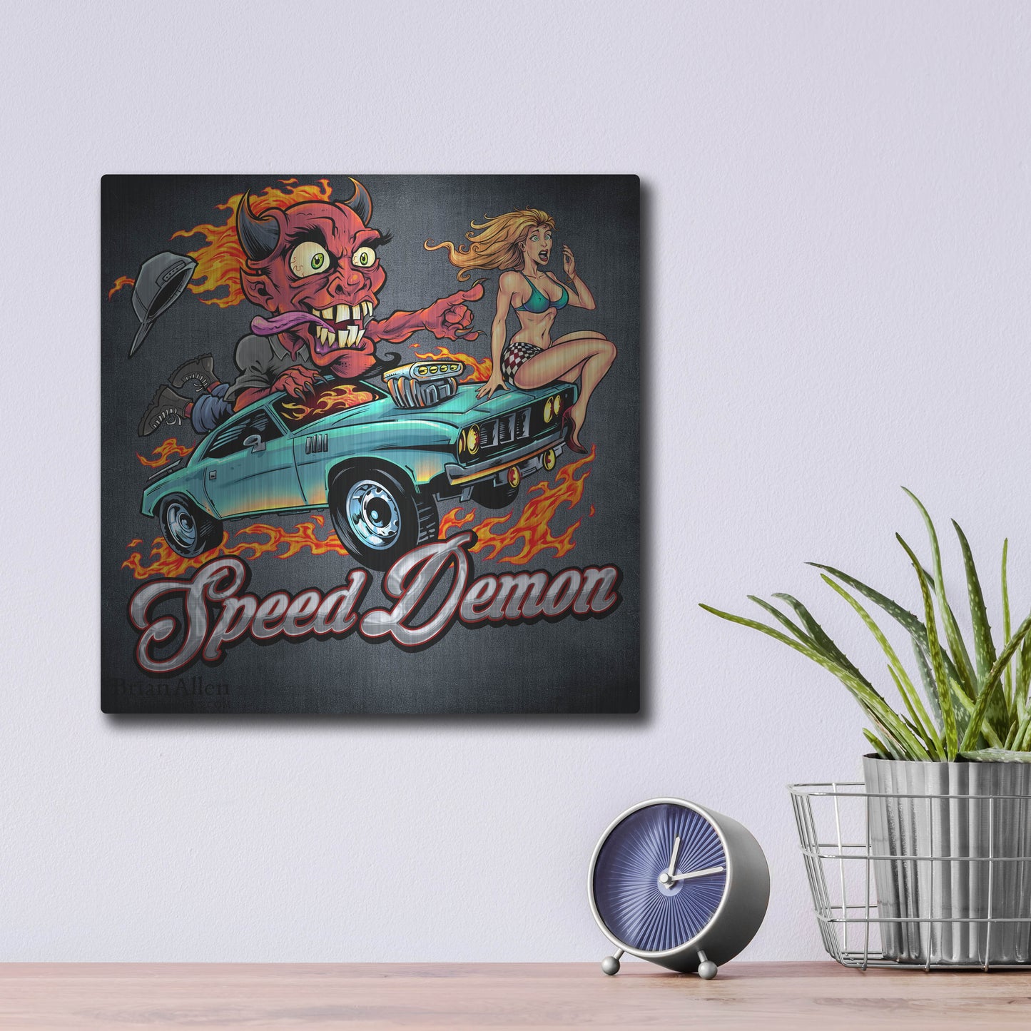 Luxe Metal Art 'Speed Demon Flaming Hot Rod' by Flyland Designs, Metal Wall Art,12x12