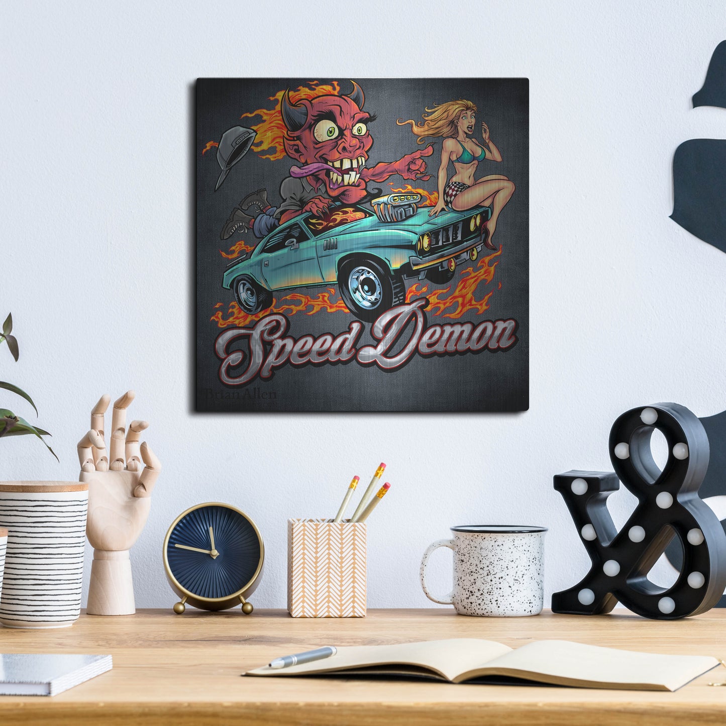 Luxe Metal Art 'Speed Demon Flaming Hot Rod' by Flyland Designs, Metal Wall Art,12x12