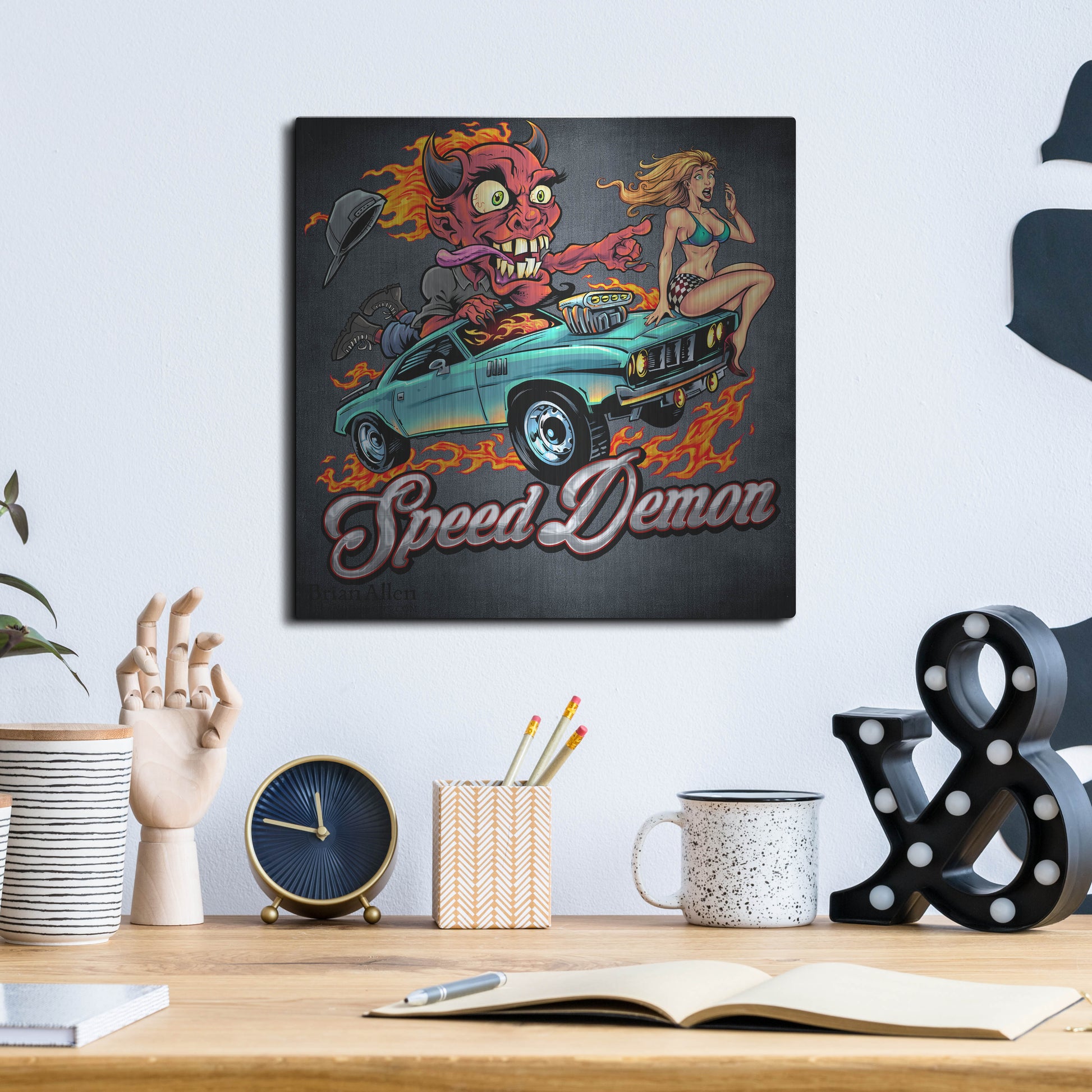 Luxe Metal Art 'Speed Demon Flaming Hot Rod' by Flyland Designs, Metal Wall Art,12x12