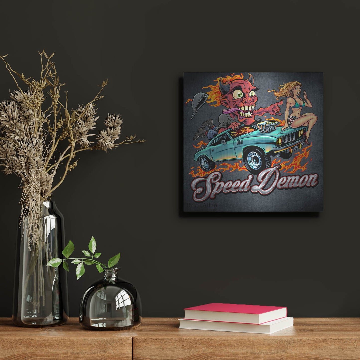 Luxe Metal Art 'Speed Demon Flaming Hot Rod' by Flyland Designs, Metal Wall Art,12x12
