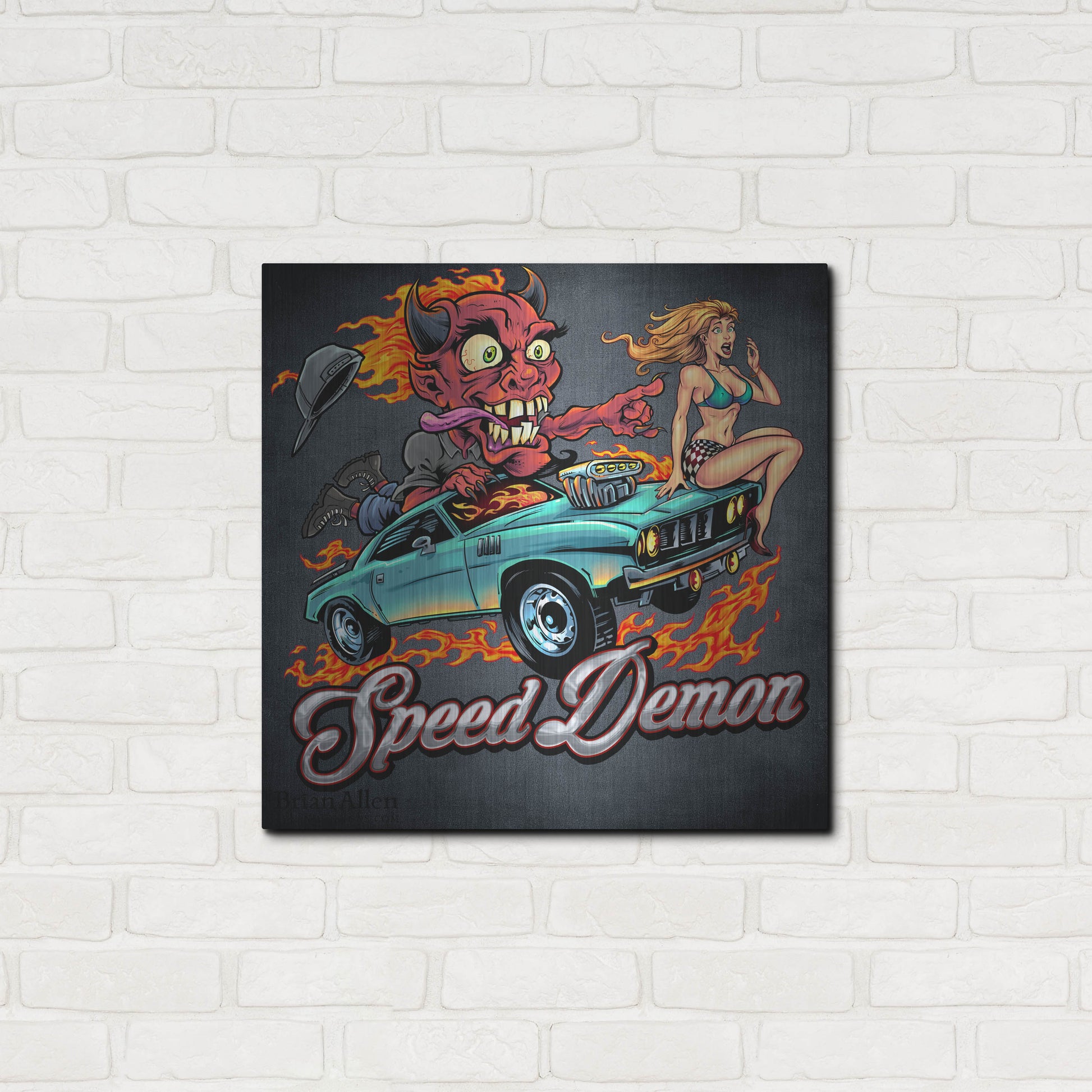Luxe Metal Art 'Speed Demon Flaming Hot Rod' by Flyland Designs, Metal Wall Art,24x24