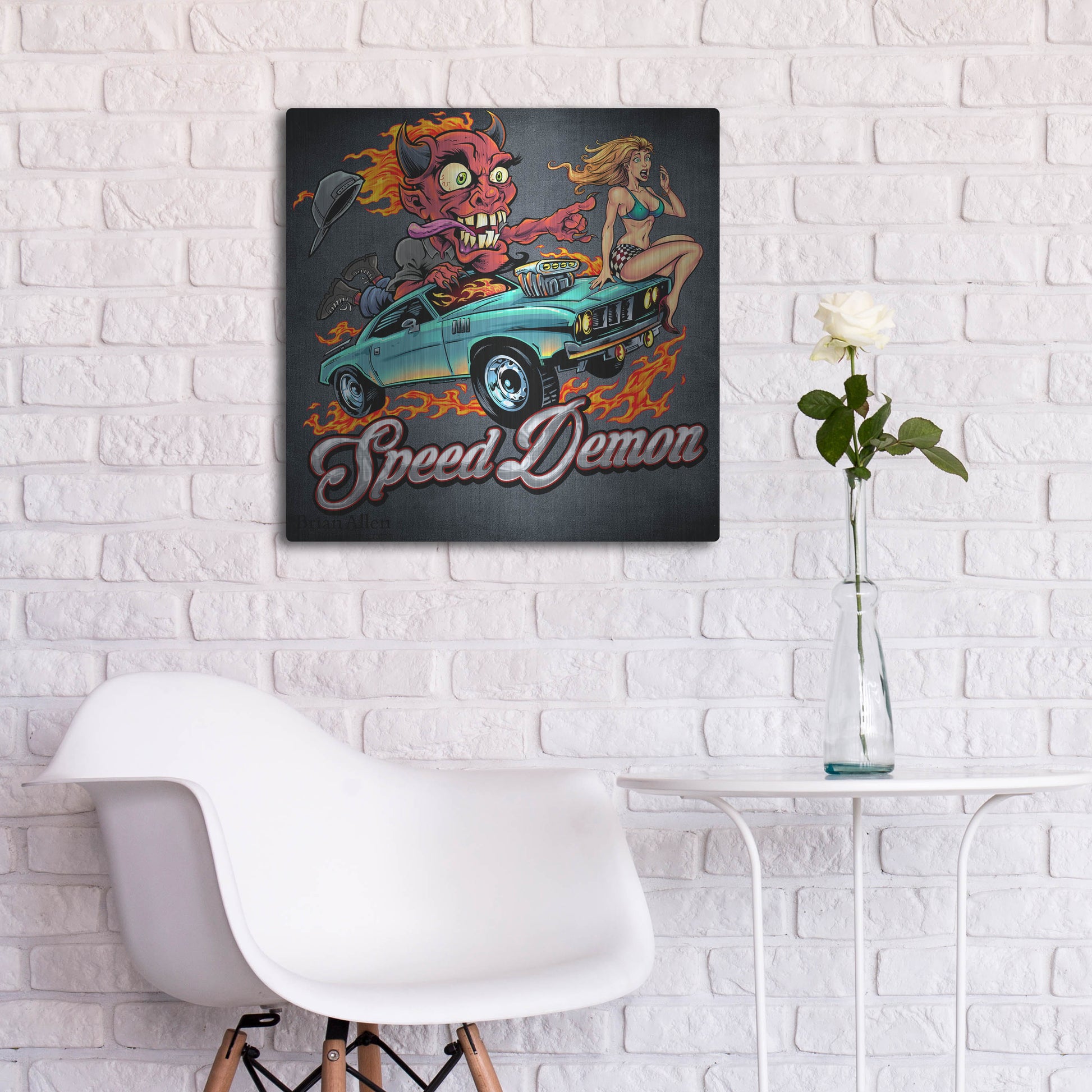 Luxe Metal Art 'Speed Demon Flaming Hot Rod' by Flyland Designs, Metal Wall Art,24x24