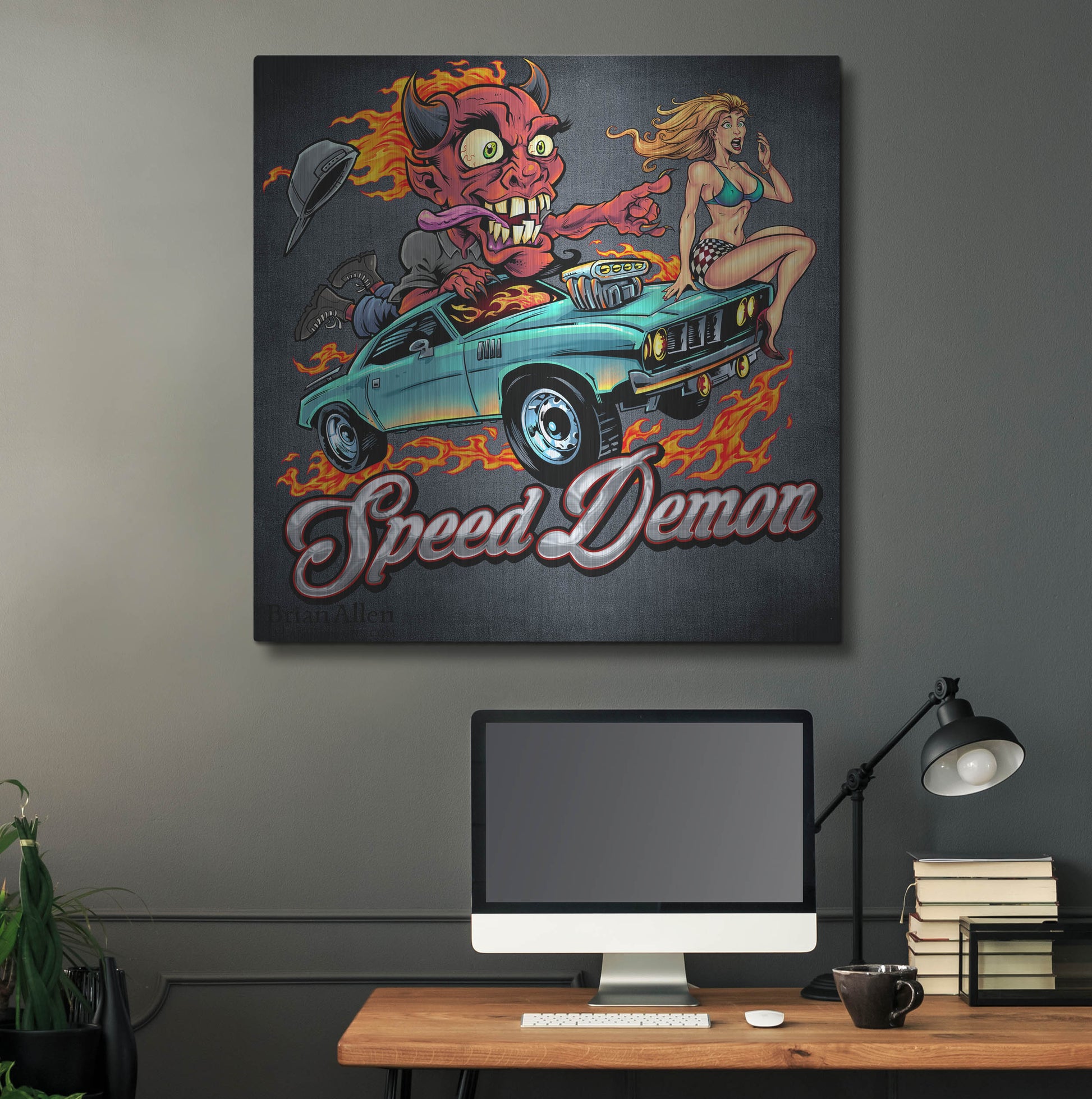 Luxe Metal Art 'Speed Demon Flaming Hot Rod' by Flyland Designs, Metal Wall Art,36x36
