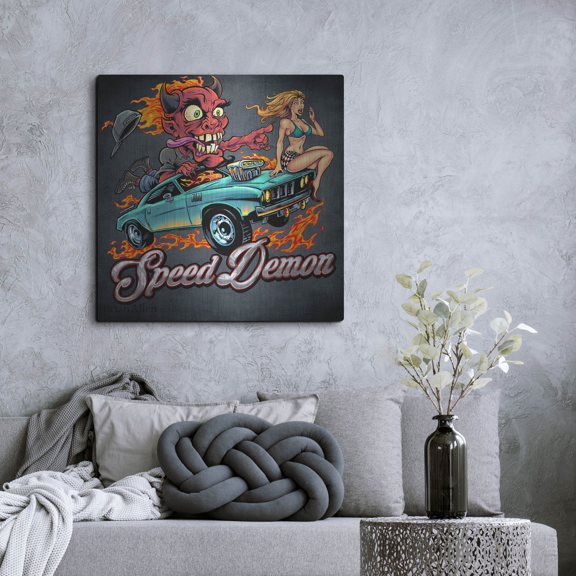 Luxe Metal Art 'Speed Demon Flaming Hot Rod' by Flyland Designs, Metal Wall Art,36x36