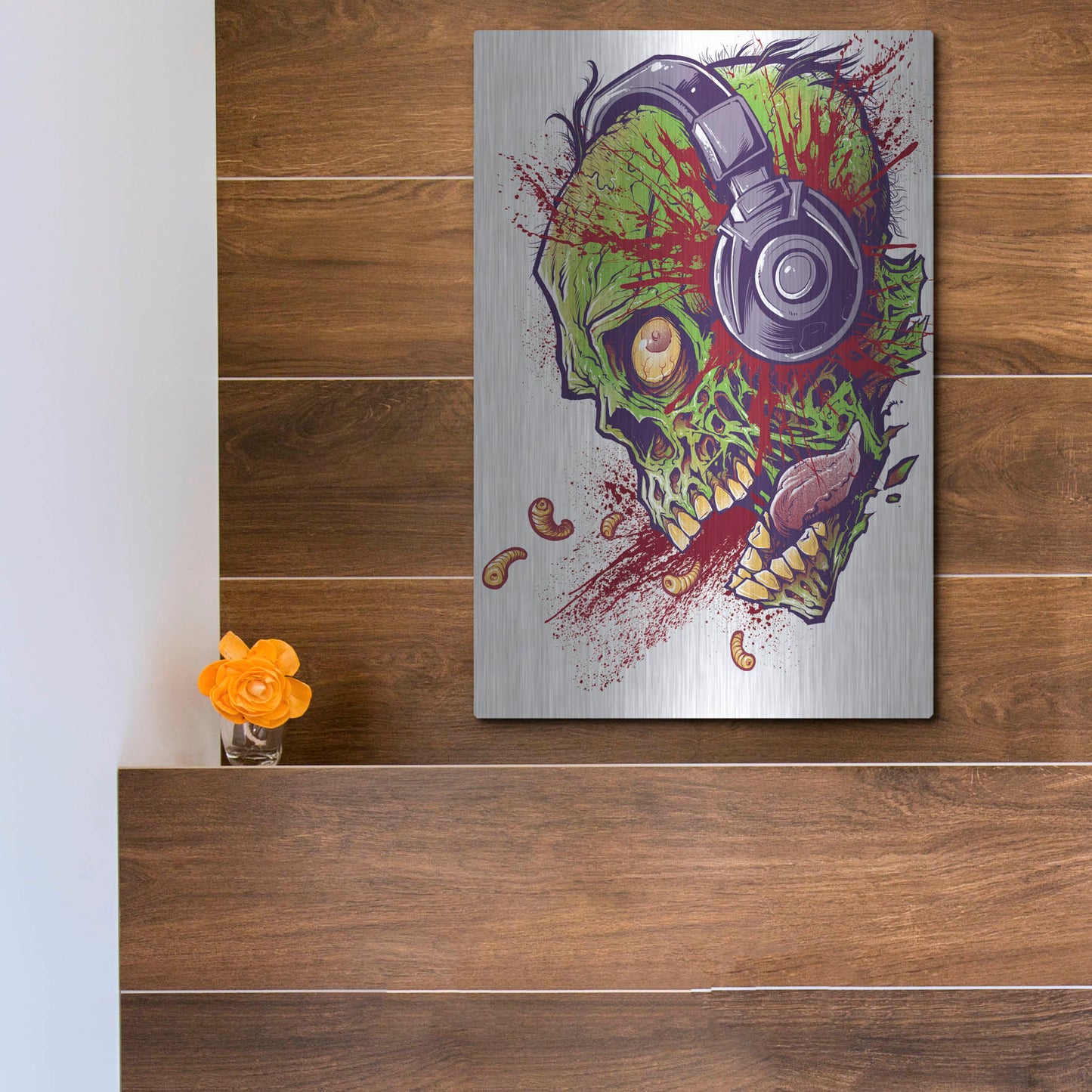 Luxe Metal Art 'Zombie With Headphones' by Flyland Designs, Metal Wall Art,12x16