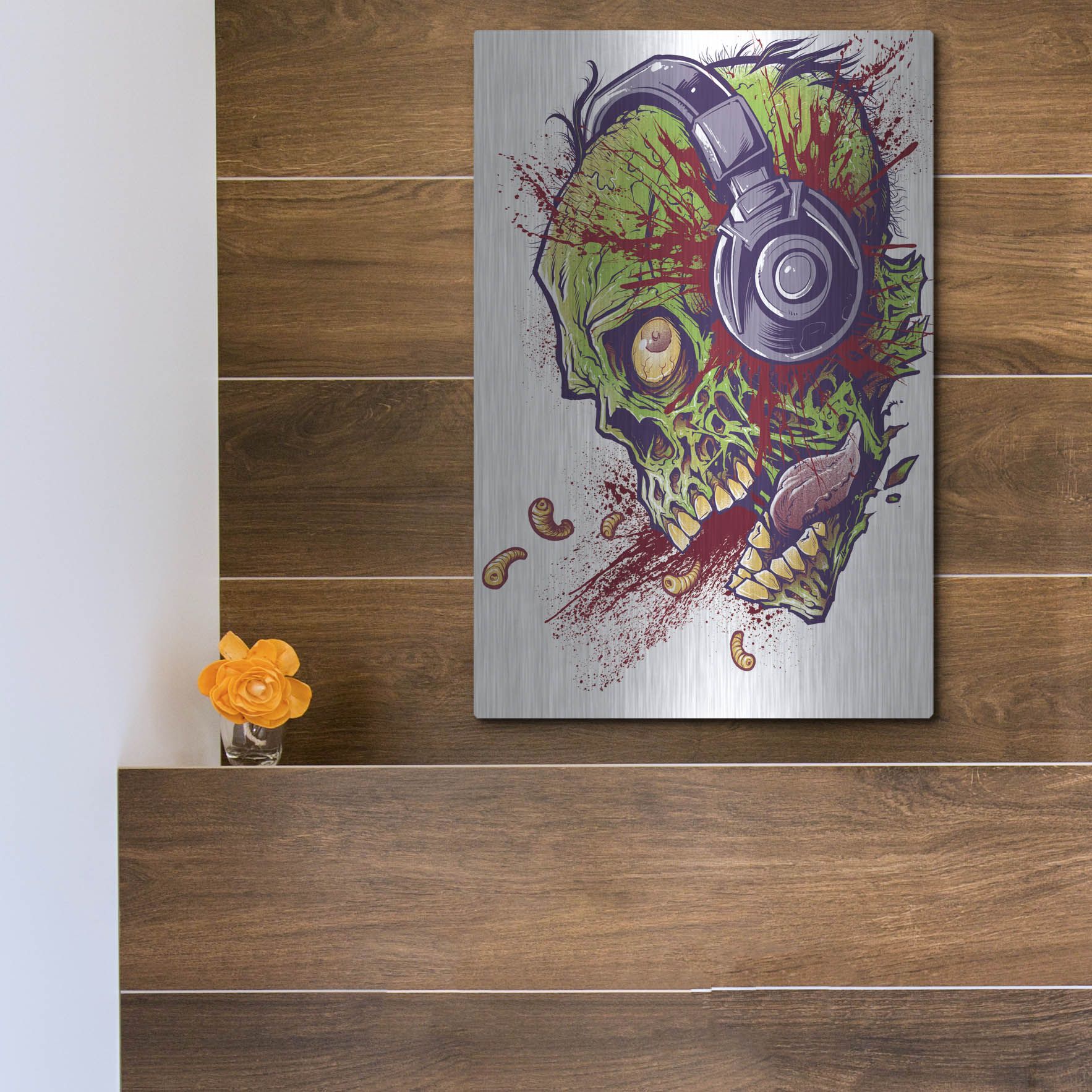 Luxe Metal Art 'Zombie With Headphones' by Flyland Designs, Metal Wall Art,12x16