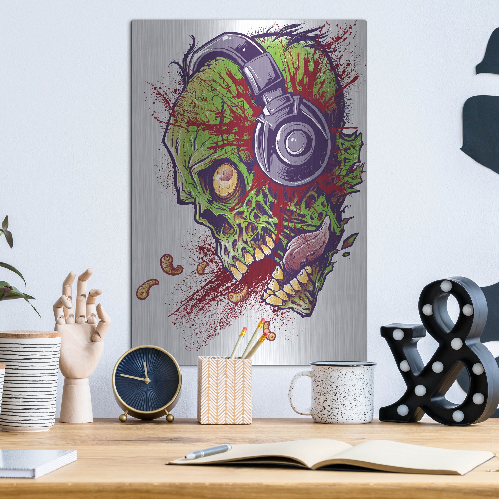 Luxe Metal Art 'Zombie With Headphones' by Flyland Designs, Metal Wall Art,12x16